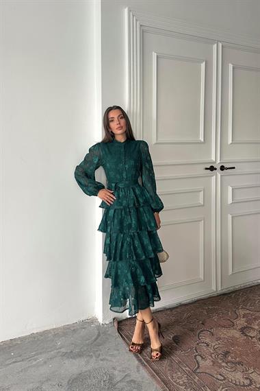 Toptan Zümrüt Valonlu Şeritli Kat Kat Elbise