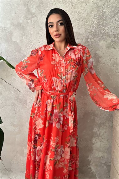 Orange Floral Chiffon Dress
