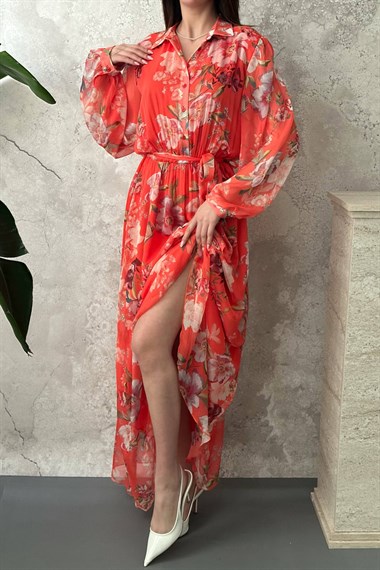 Orange Floral Chiffon Dress