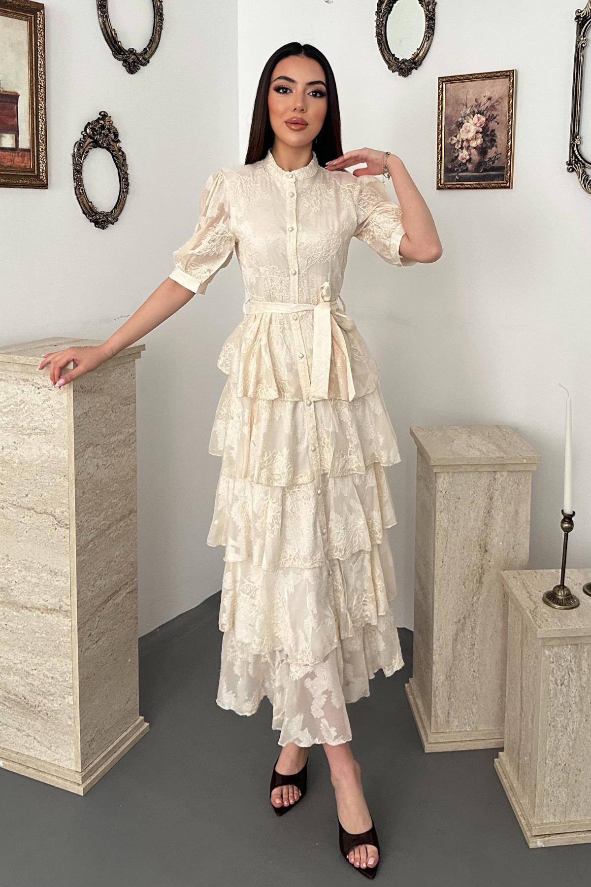 Wholesale Beige Layered Patterned Dress