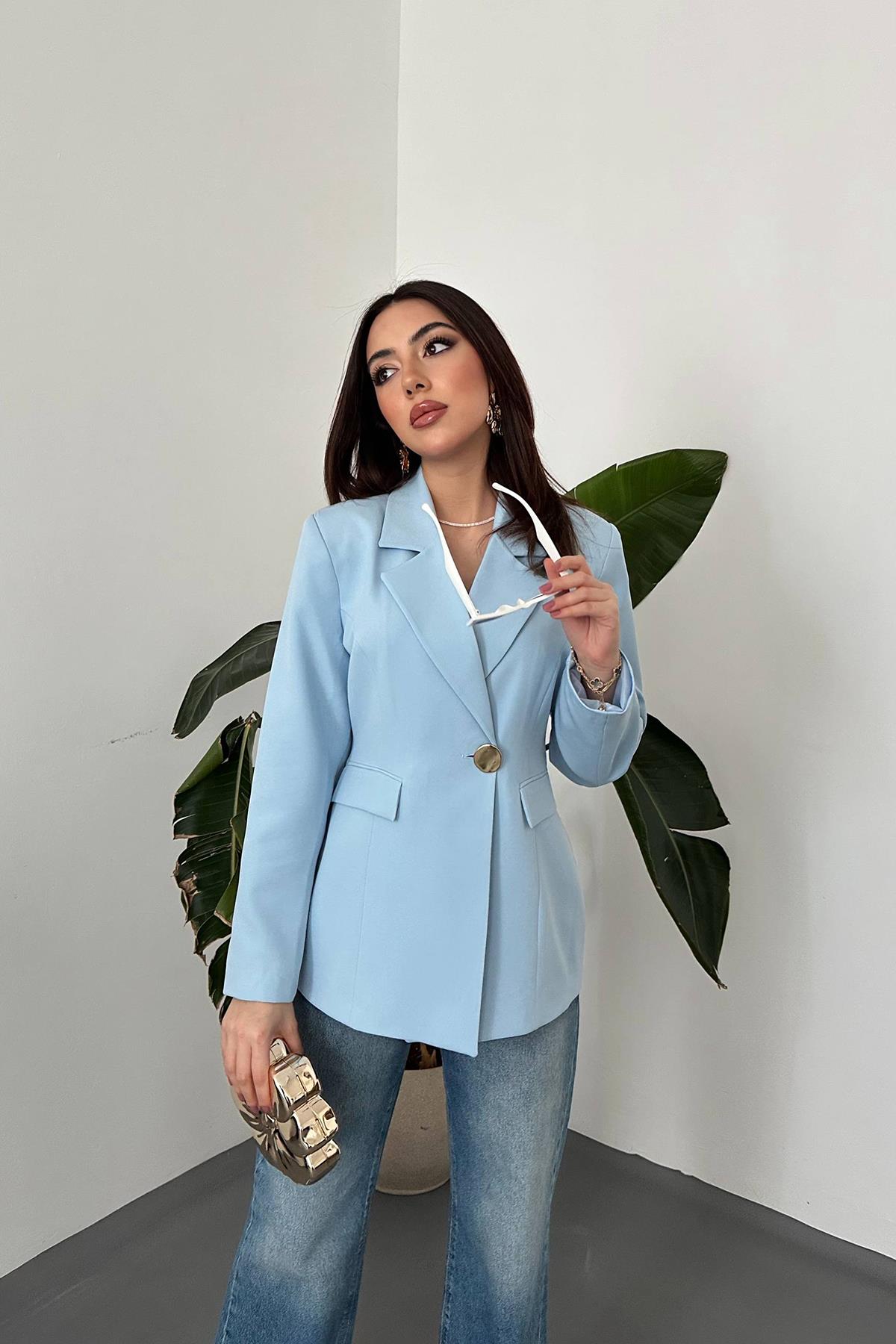 Toptan BEBE MAVİ Belden Oturtmalı Blazer Ceket