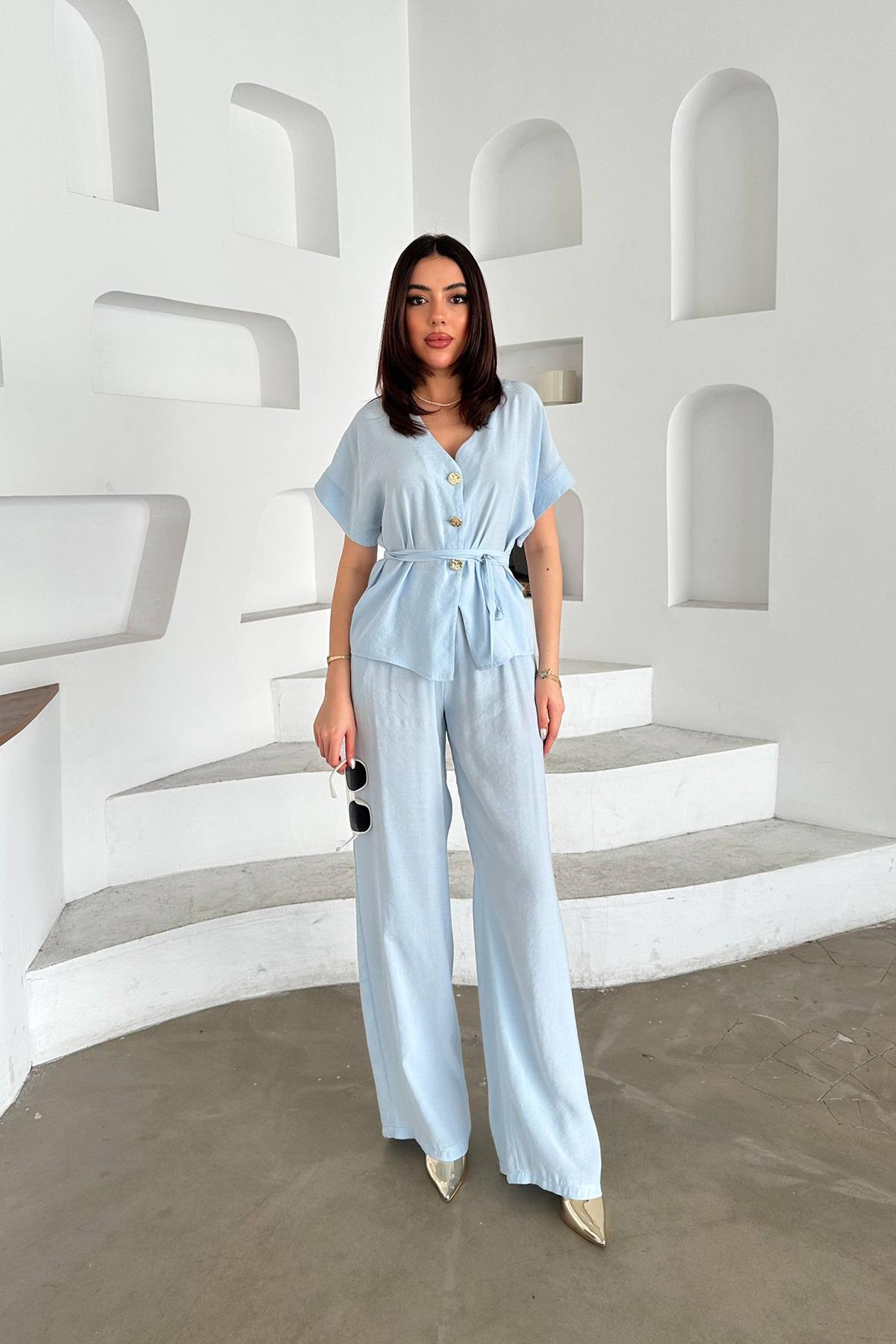 Toptan Bebe Mavi Düğme Detaylı İkili Modal Takım