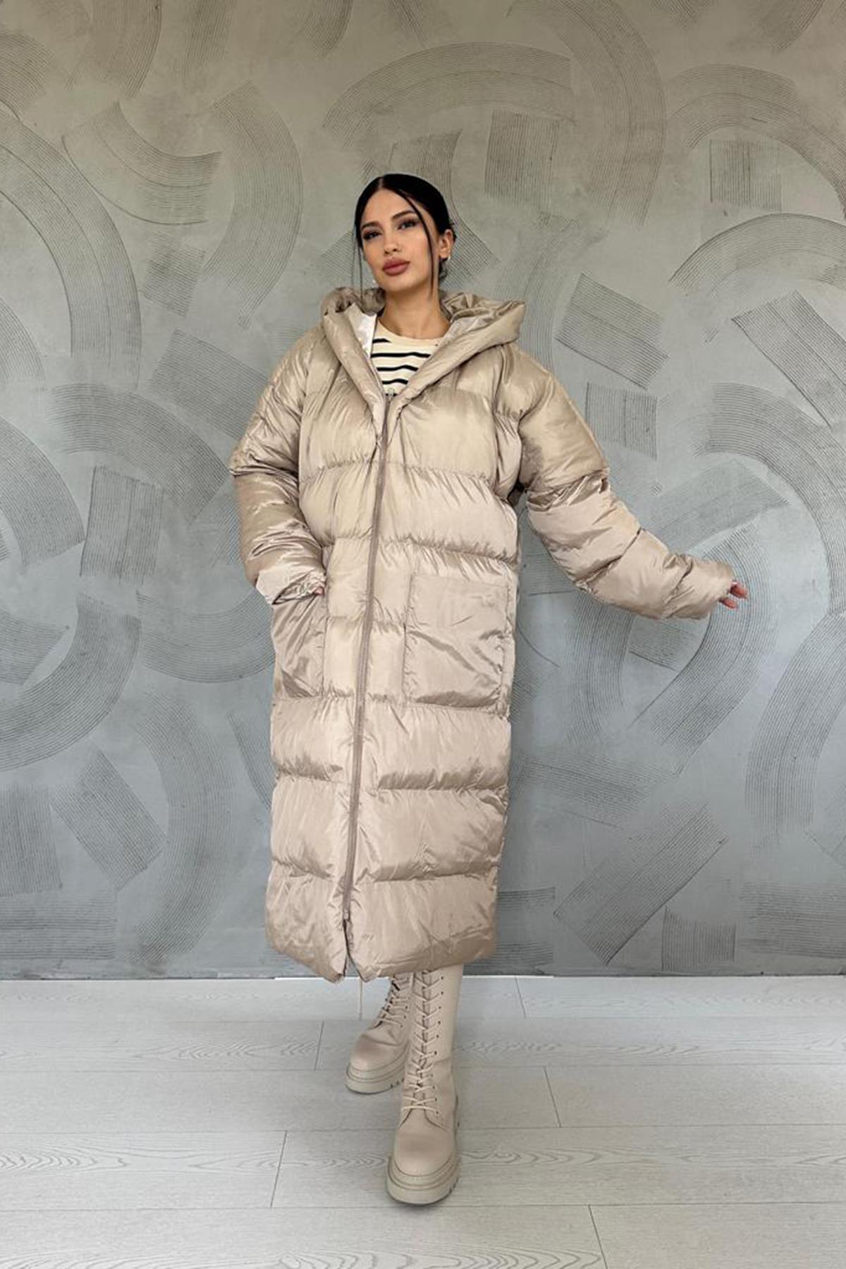 Beige Hooded Long Coat