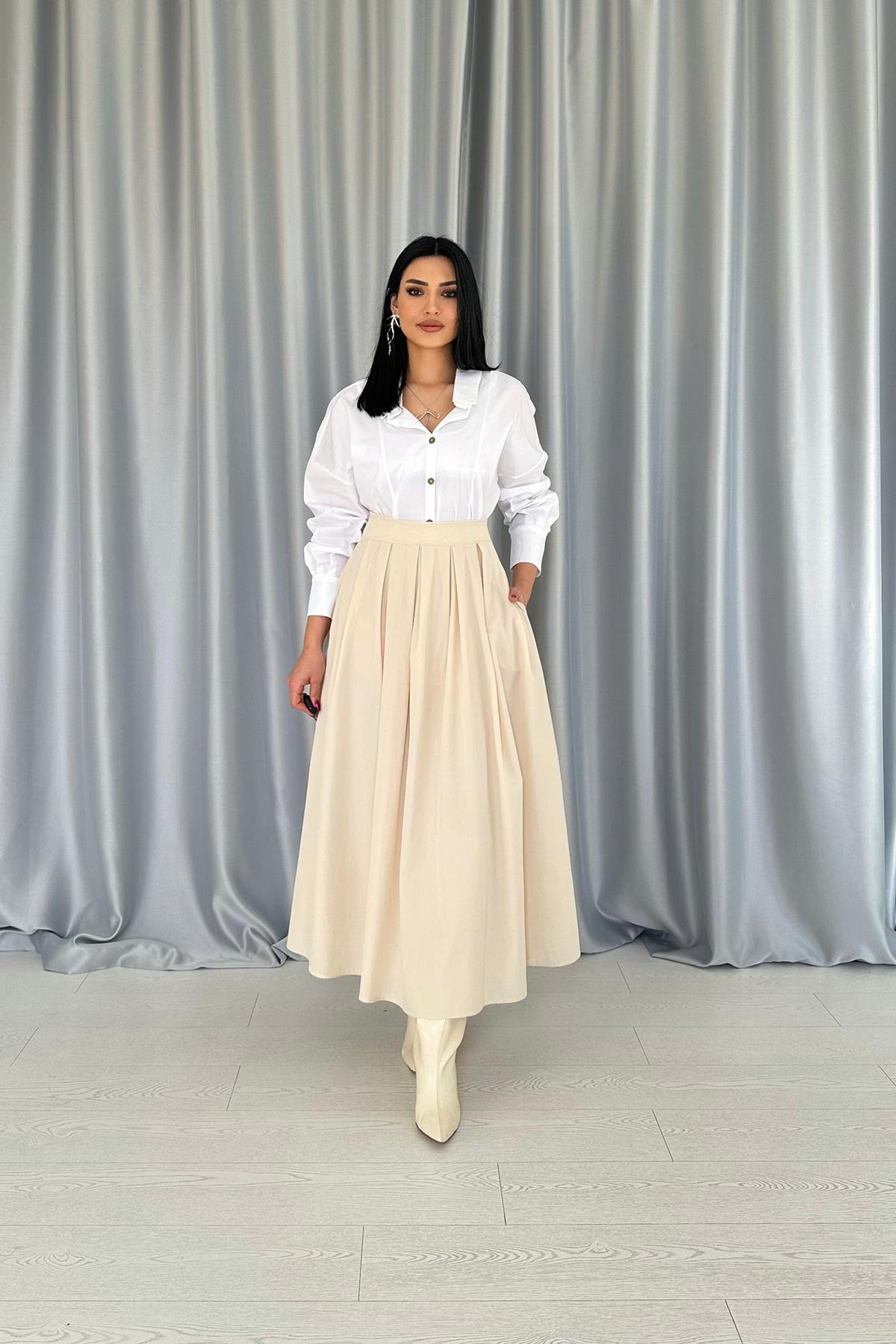 Toptan Bej Uzun Pileli Etek