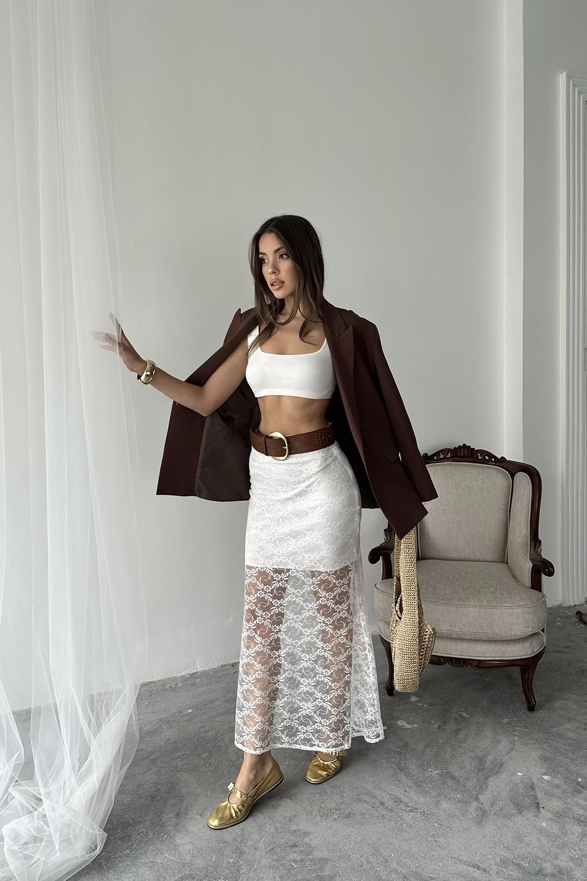 Toptan Beyaz Dantel Detaylı Etek