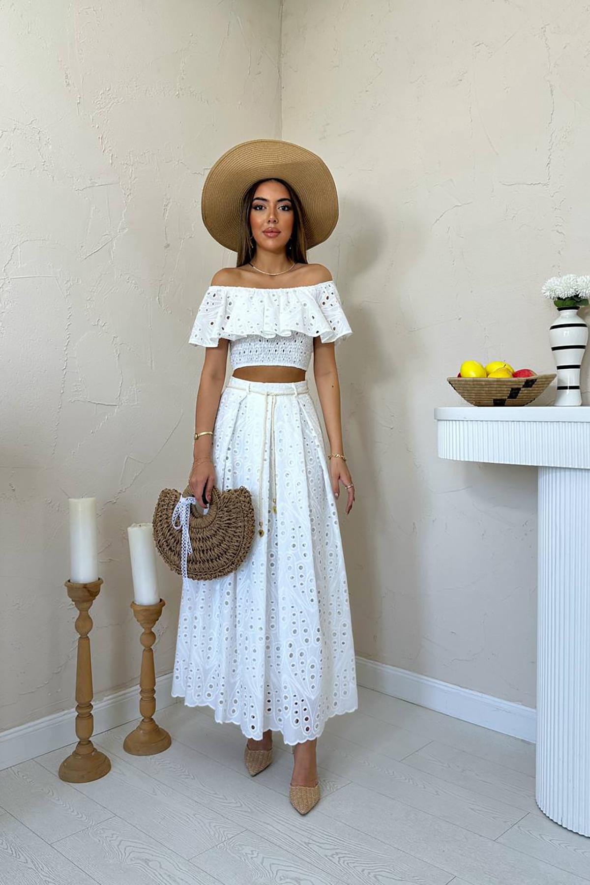 Toptan Beyaz Gipeli Bluz Etek Takım