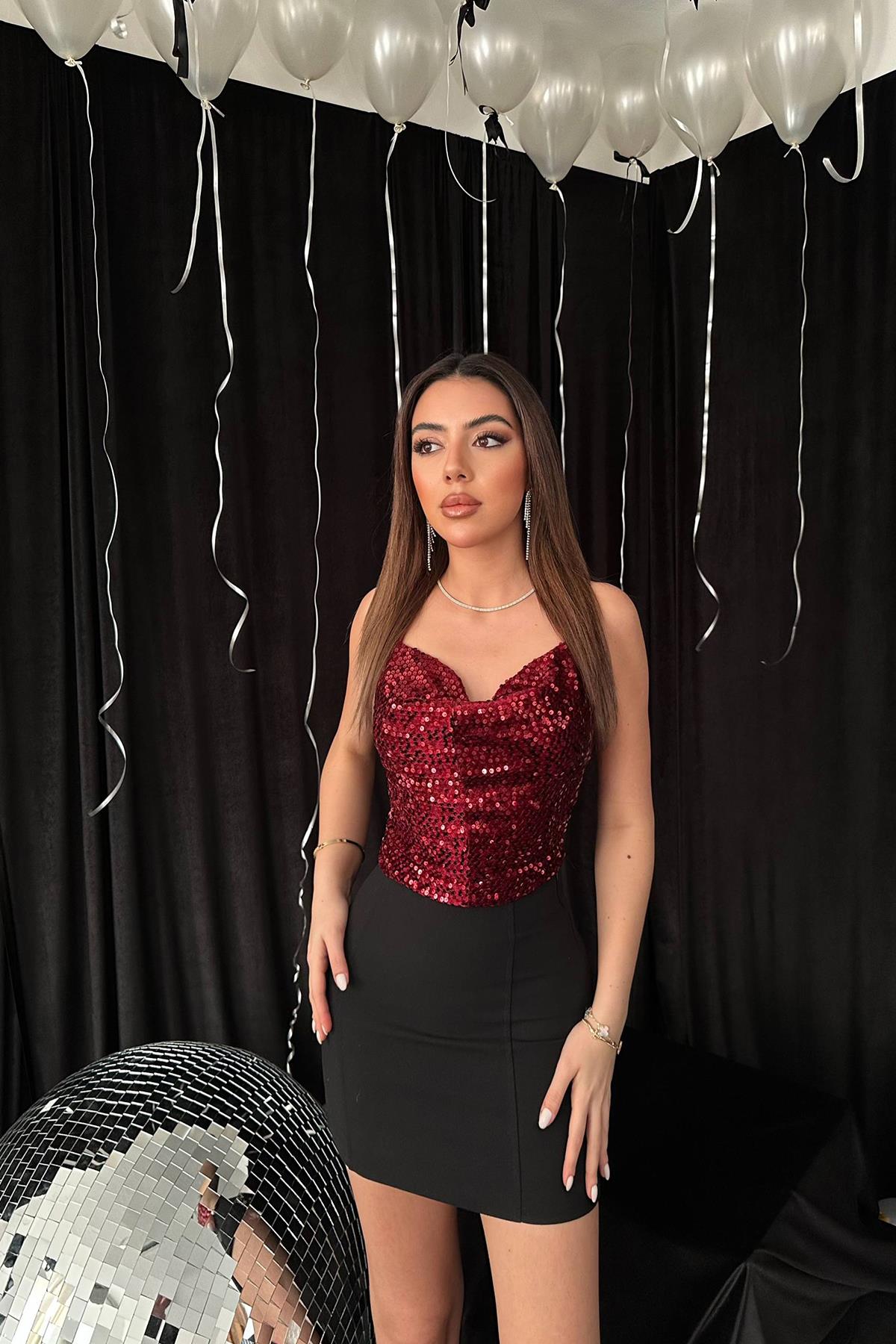 Toptan Bordo Askılı Degaje Bluz