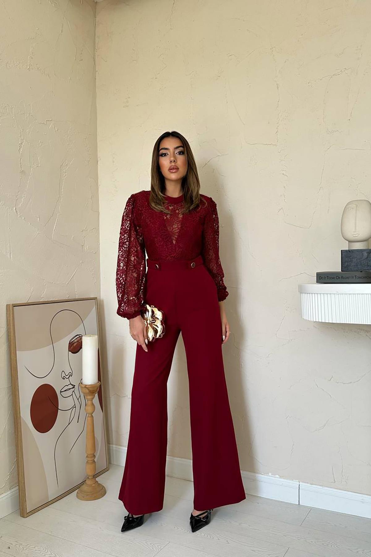 Toptan Bordo Dantelli Apoletli Tulum