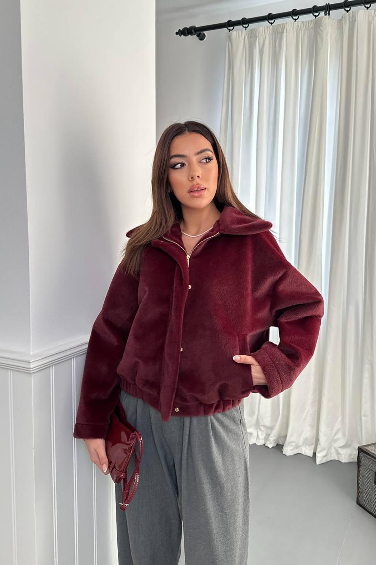 Toptan Bordo Tüylü Bomber Ceket