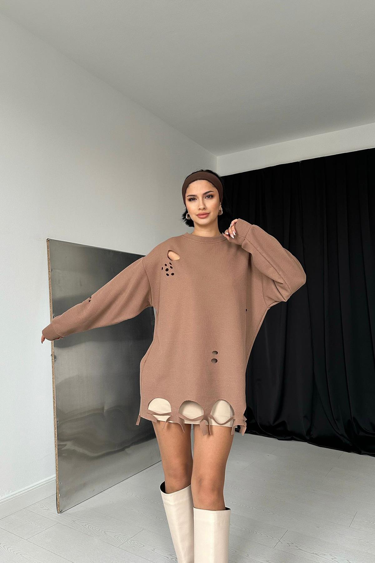 Toptan Camel Lazer Kesim Bluz