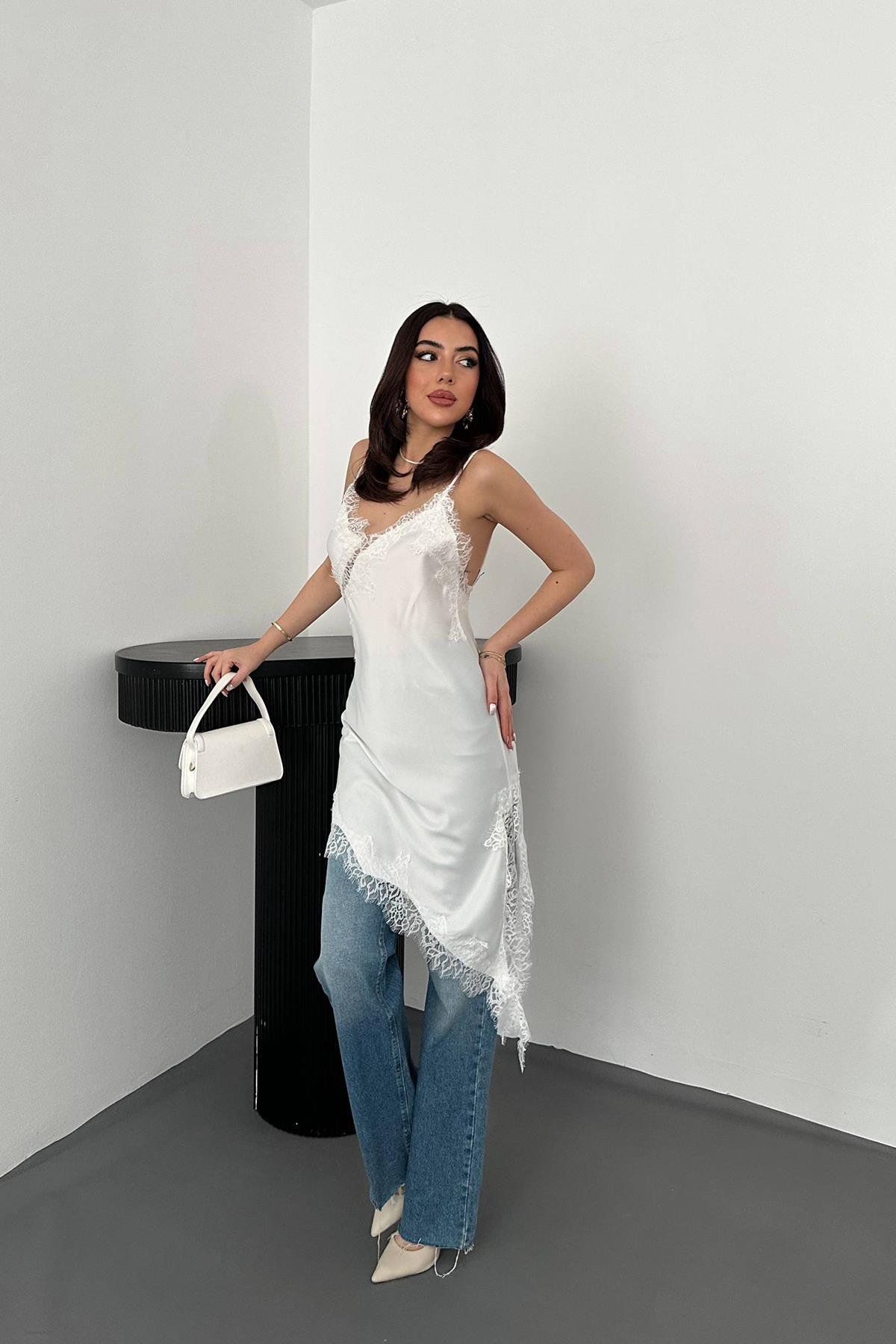 Toptan Ekru Dantelli Elbise