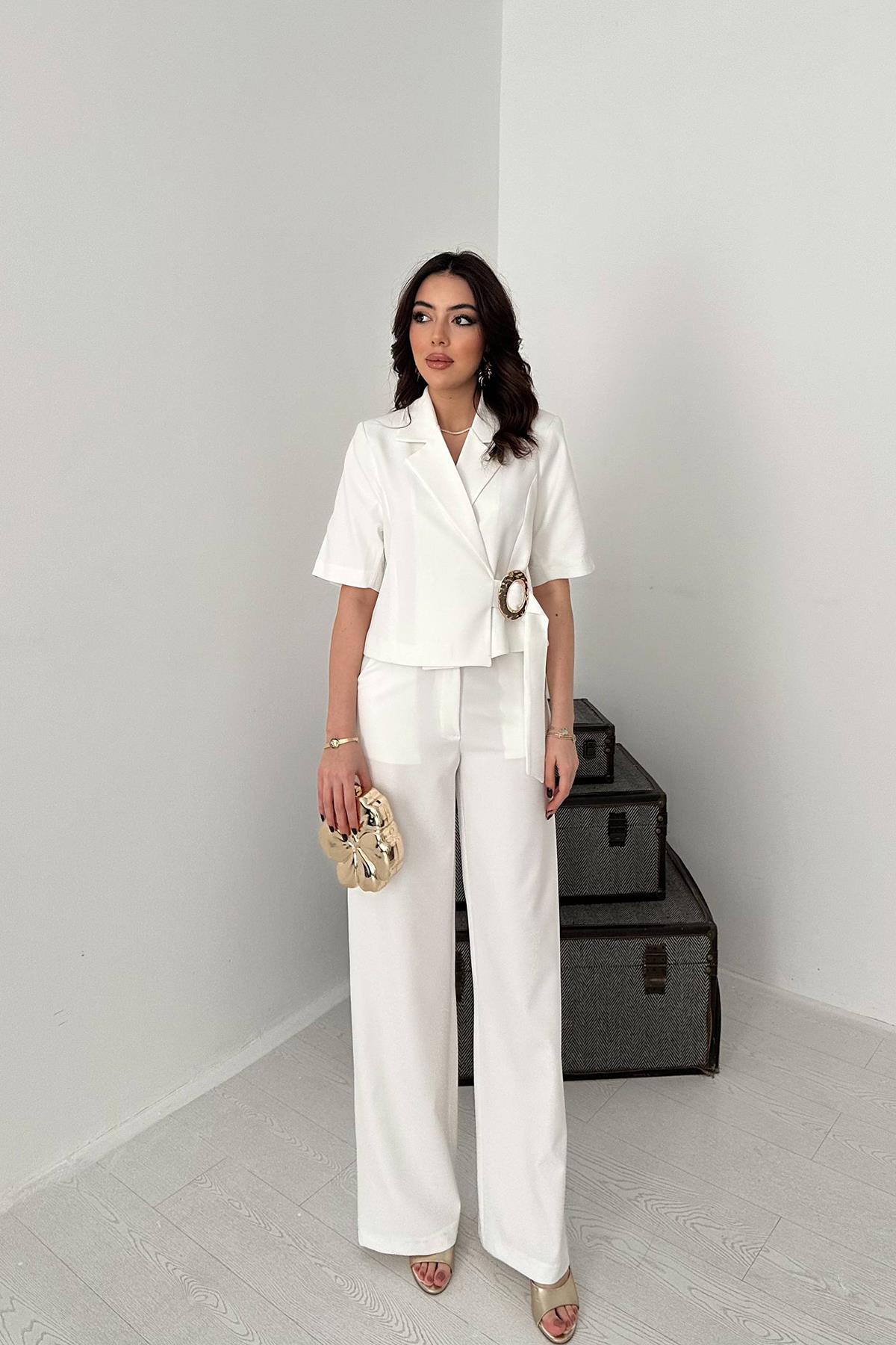 Toptan Ekru Tek Tokalı Ceket Ve Pantolon Takım