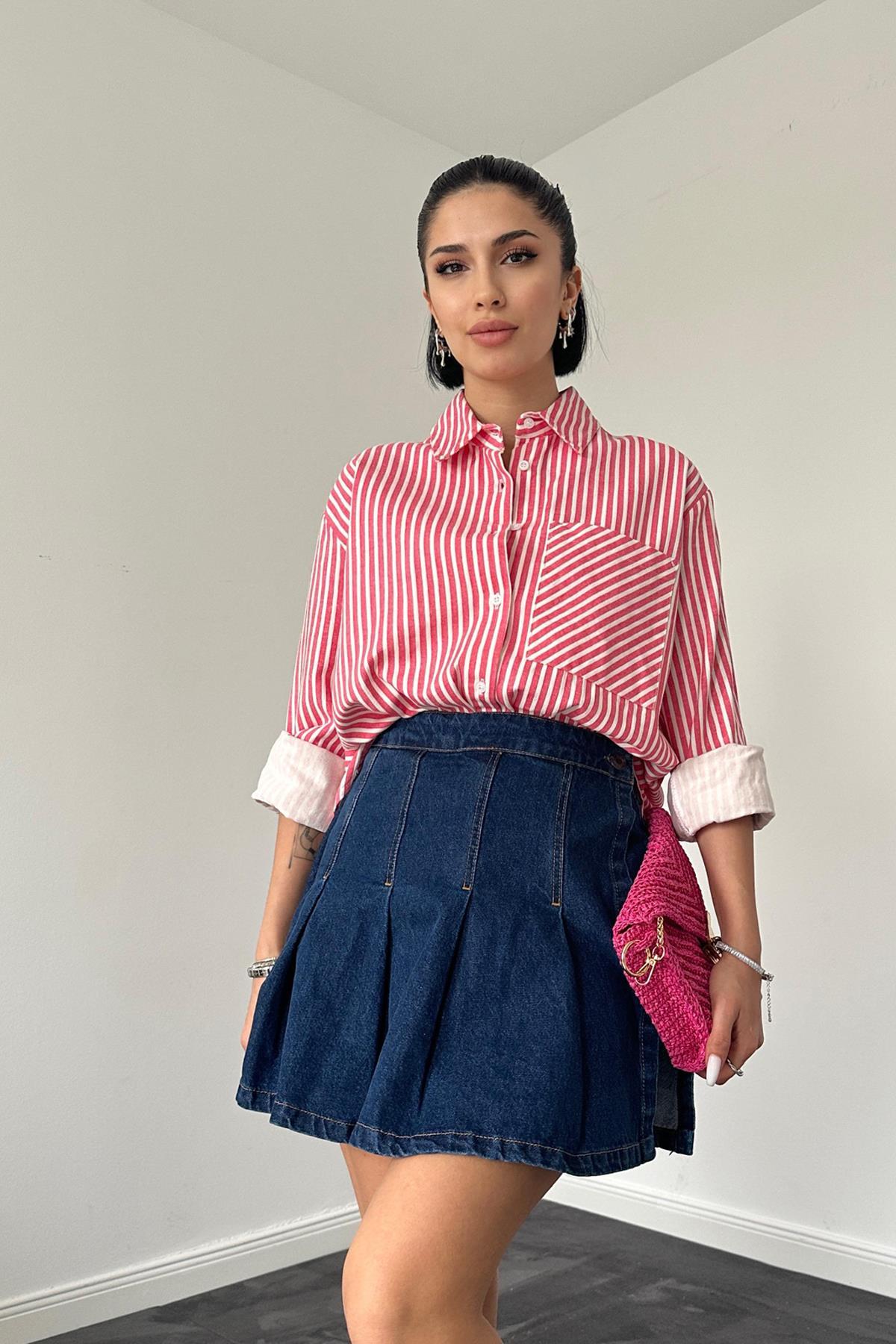 Toptan Fuşya Çizgili Gabardin Yırtmaçlı Tek Cepli Gömlek