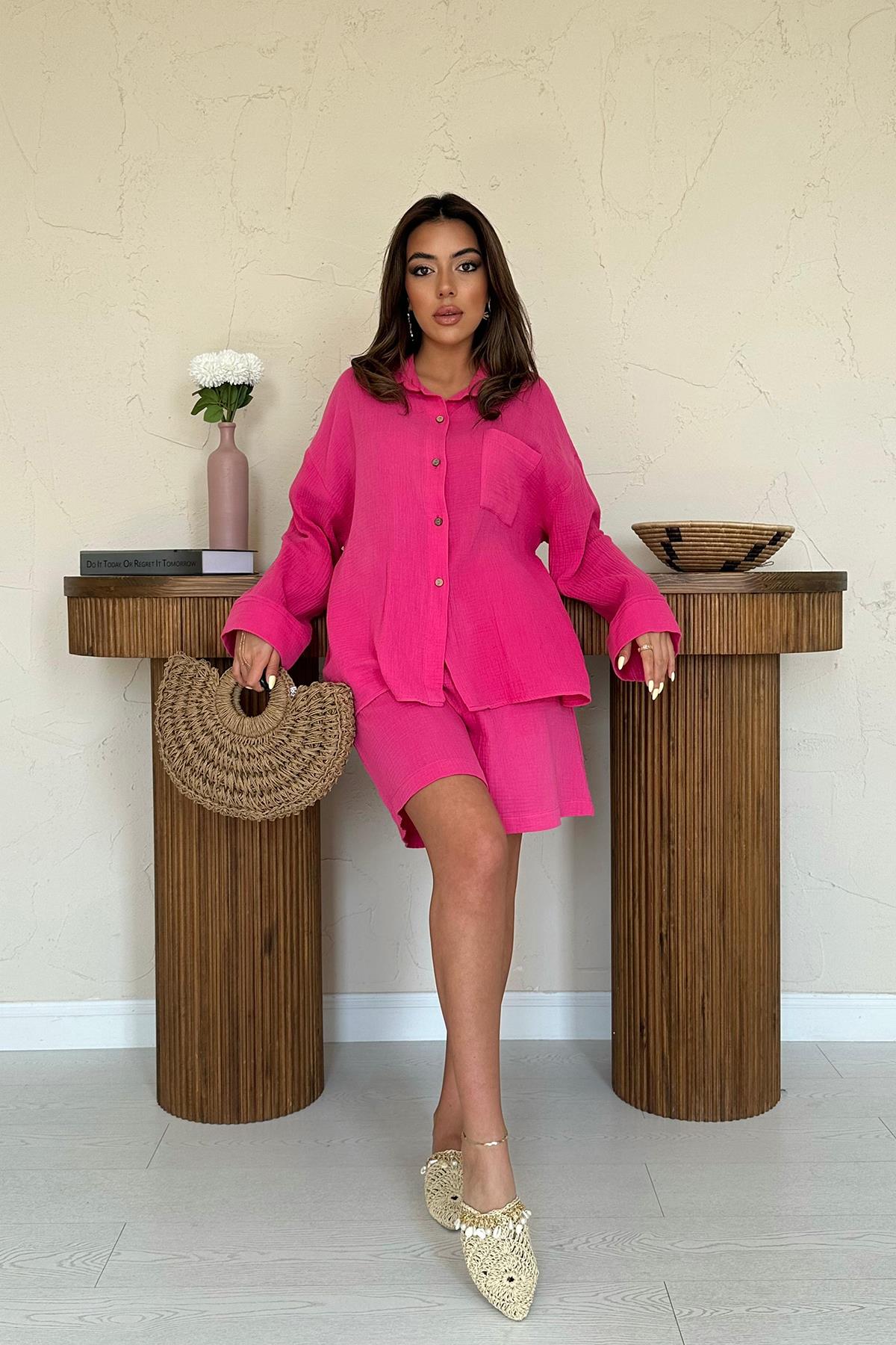 Toptan Fuşya Gömlek ve Müslin Şort Takım