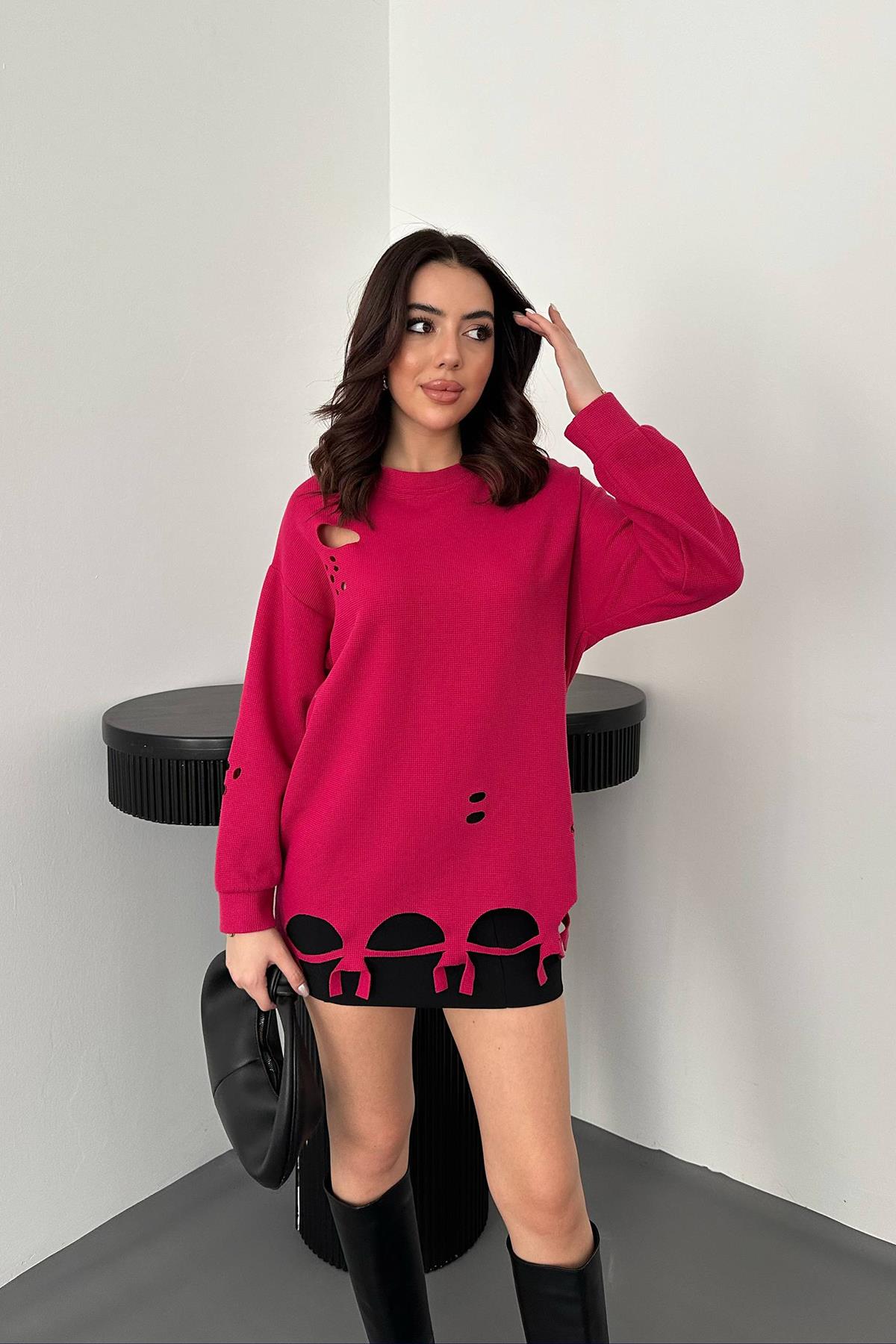 Toptan Fuşya Lazer Kesim Bluz