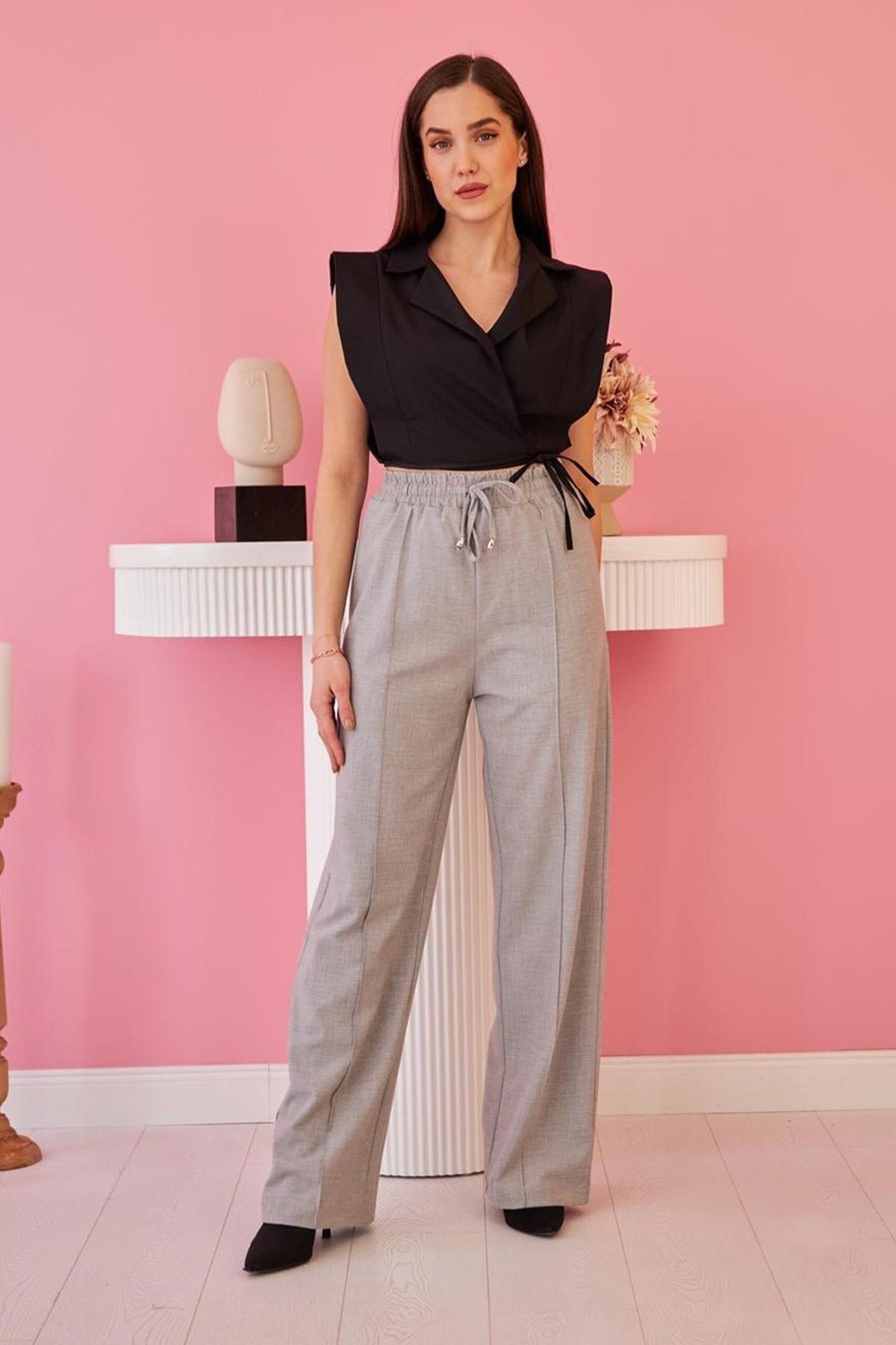 Toptan Gri Bel Büzgülü Pantolon