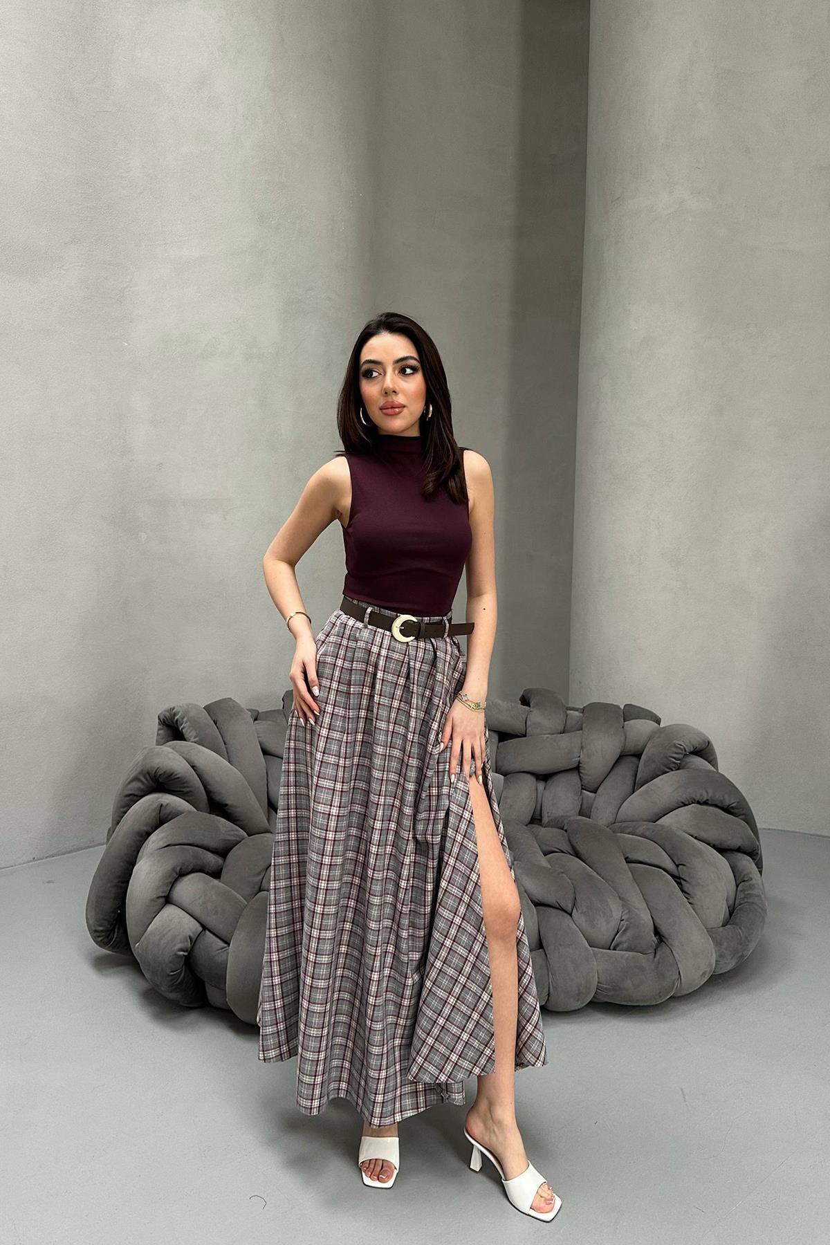 Toptan Gri Ekose Etek