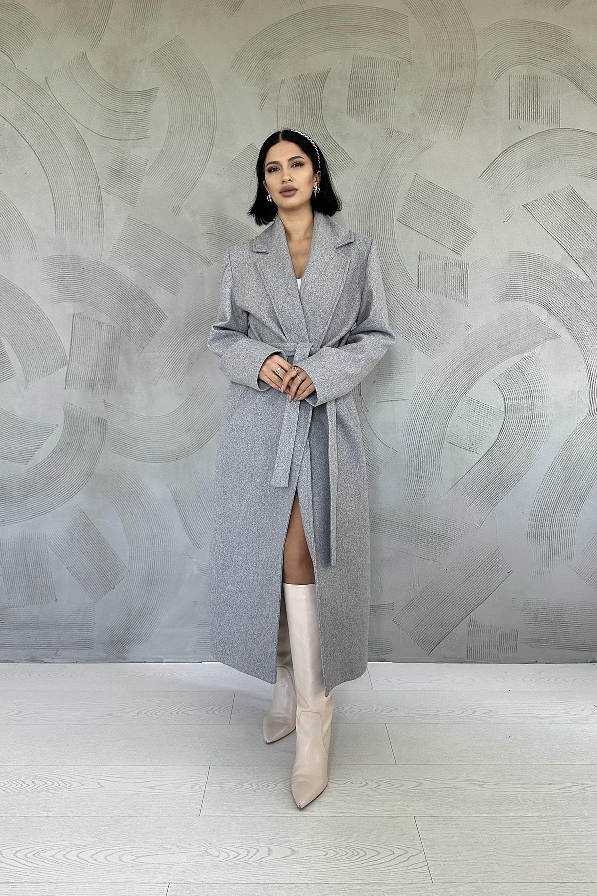 Toptan Gri Kuşaklı Midi Kaban