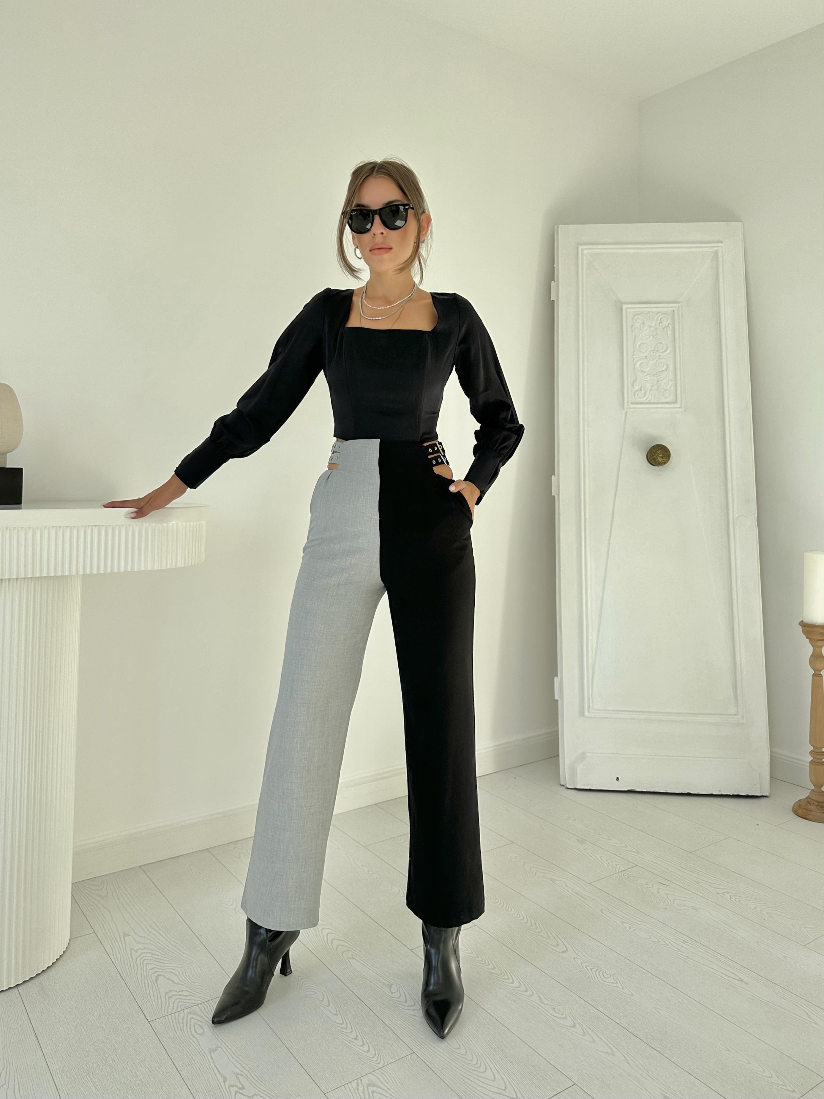 Toptan Gri Siyah ve Gri Palazzo New Pantolon