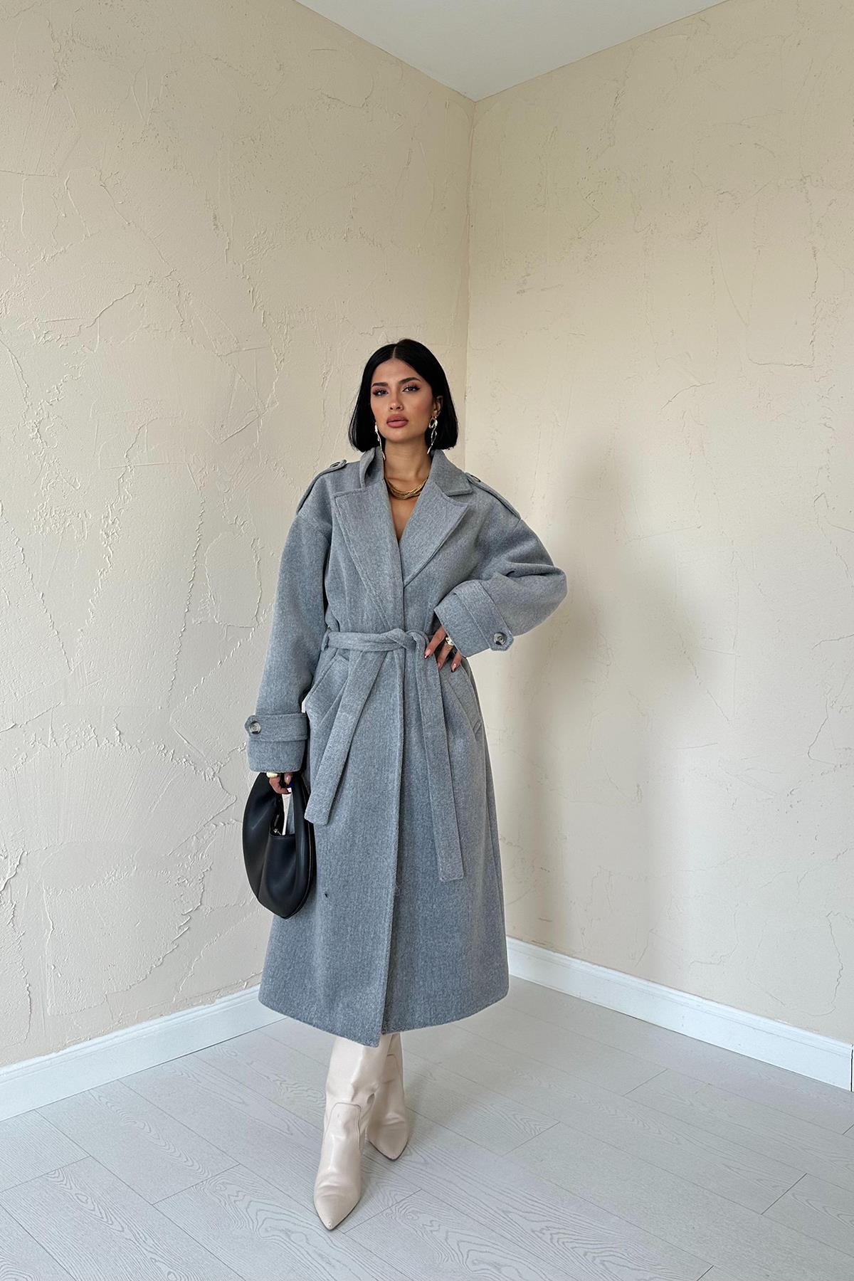 Оптовая продажа серого длинного кашемирового пальто с поясом