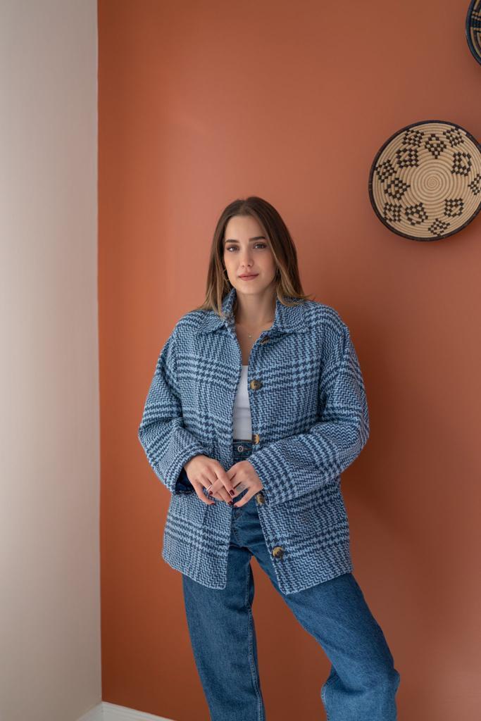 Toptan İndigo Düğmeli Ekoseli Kaban