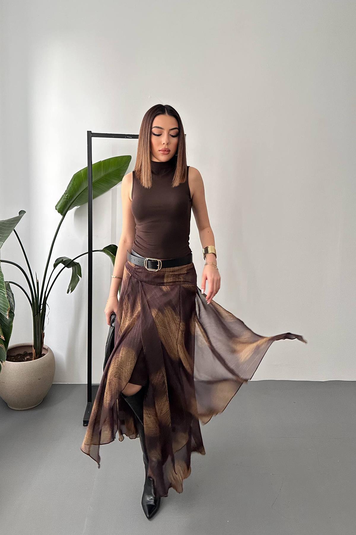 Toptan Kahverengi Büzgülü Şifon Etek