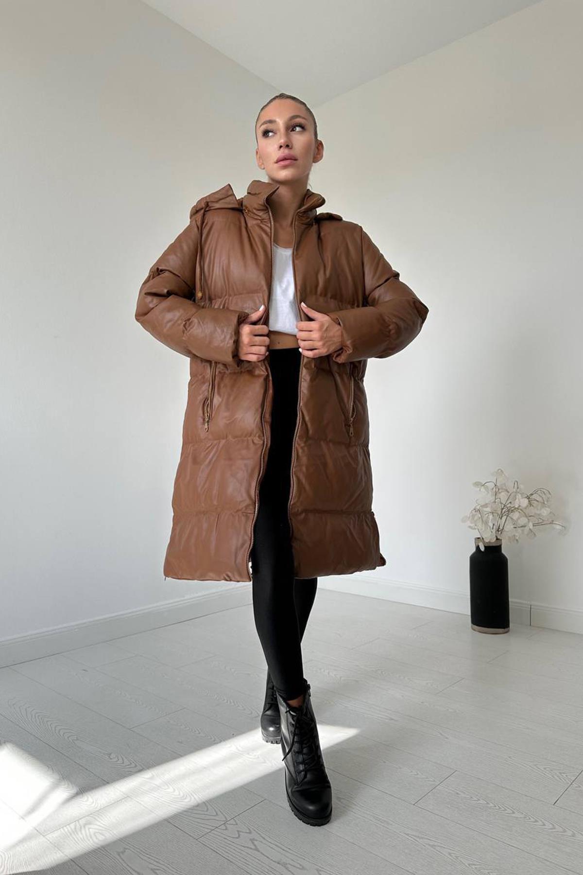 Brown Leather Puffer Jacket