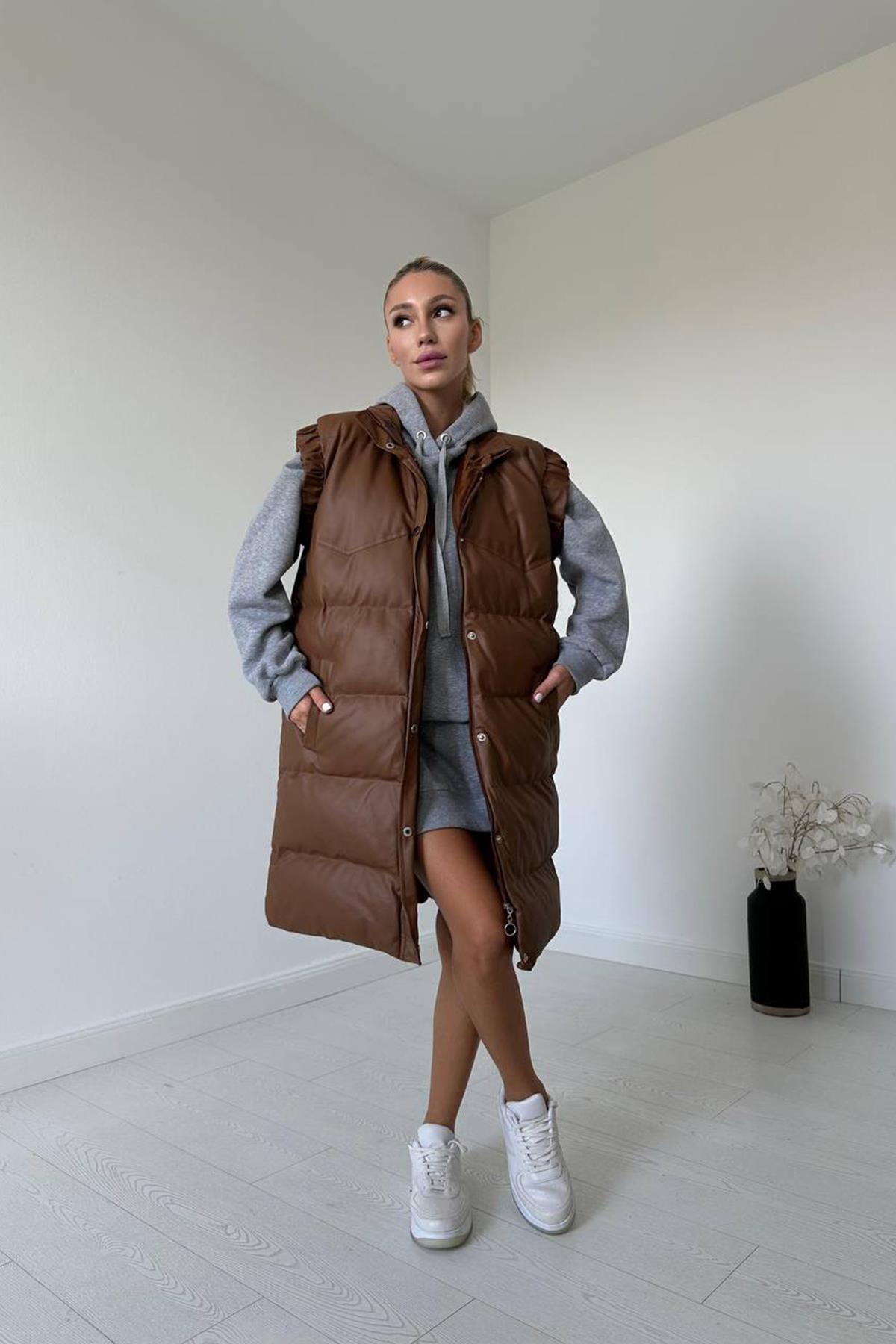 Toptan Kahverengi Deri Şişme Yelek