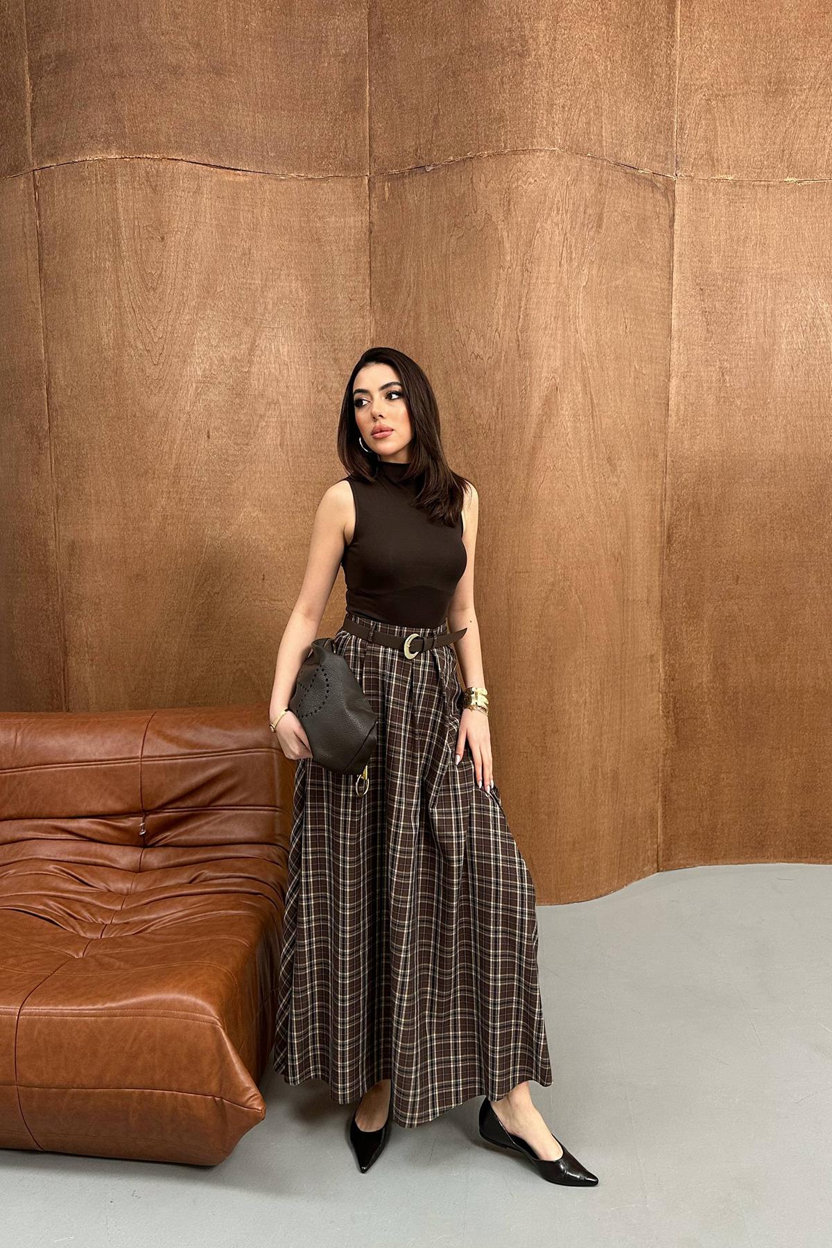 Toptan Kahverengi Ekose Etek