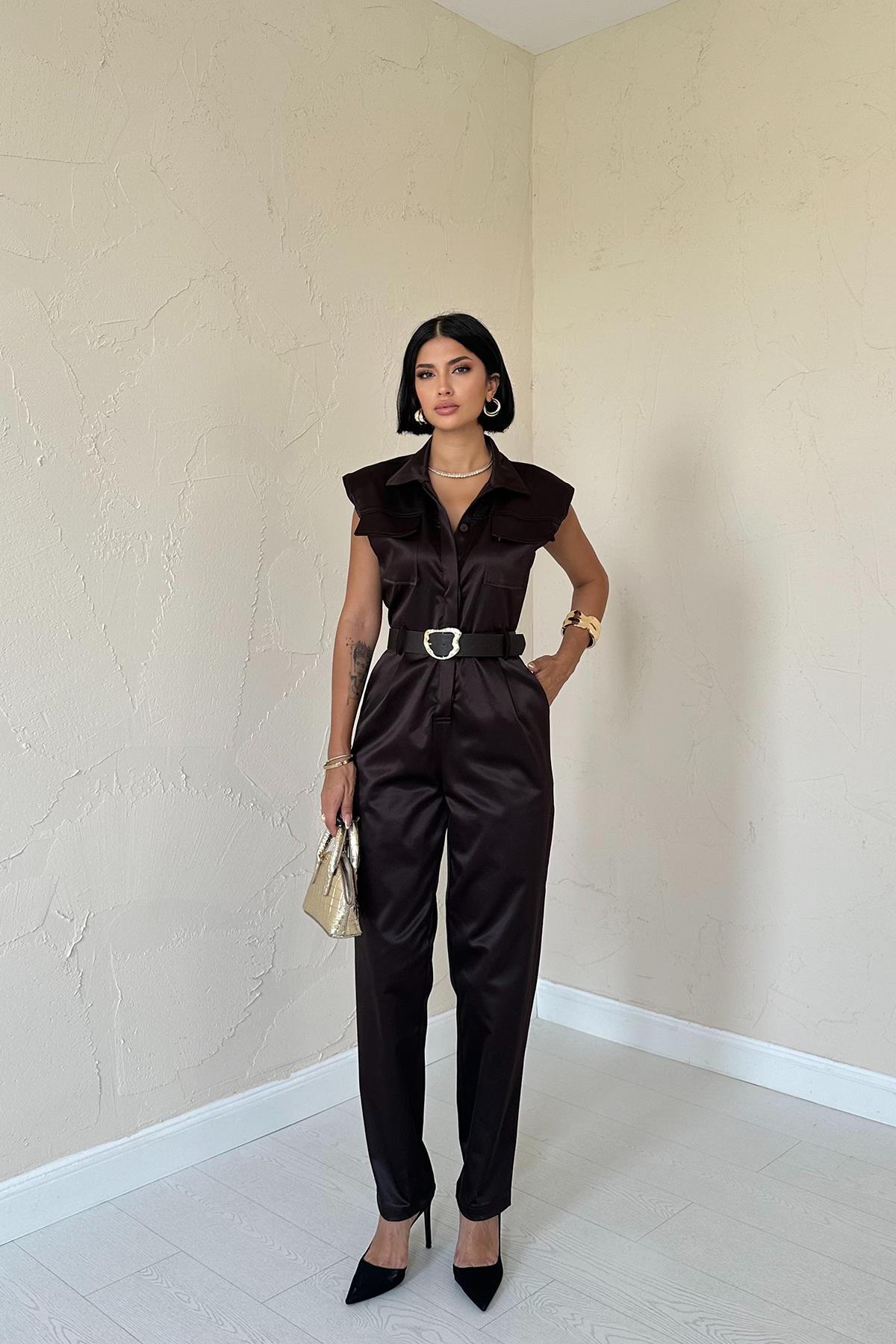 Toptan Kahverengi Vatkalı Kemerli Tulum