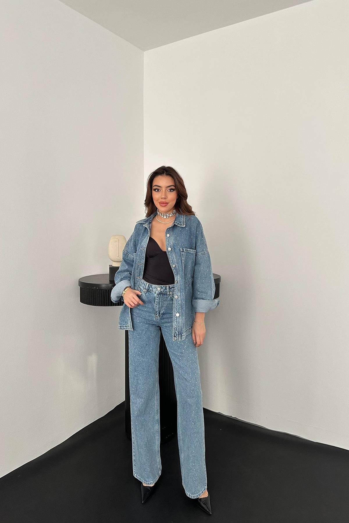 Toptan Kar Yıkama Taşlı Kot Gömlek Pantolon Takım