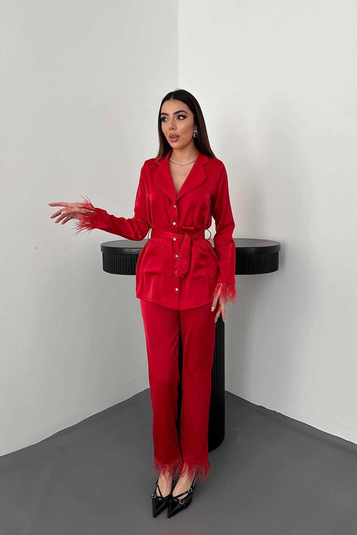 Toptan Kırmızı Püsküllü Saten İkili Takım