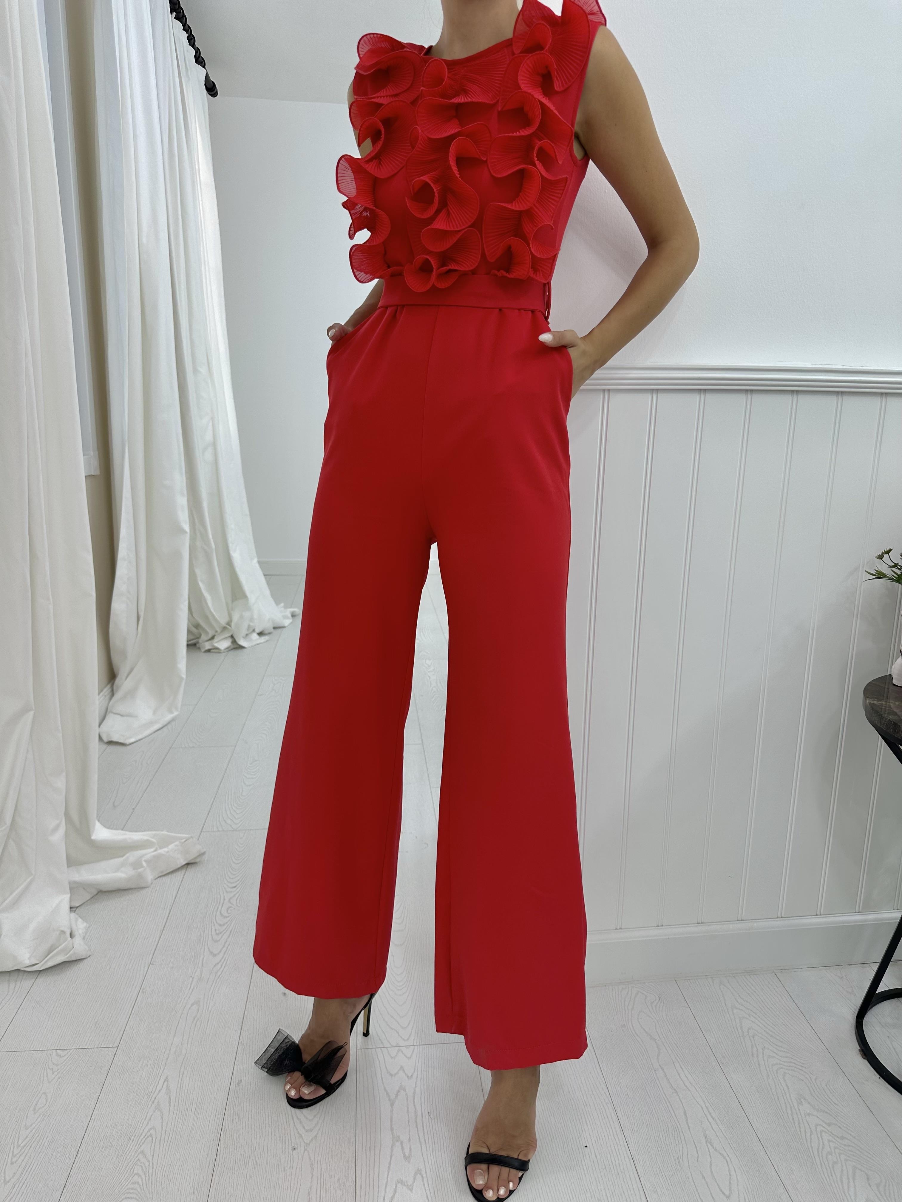 Toptan Kırmızı Volanlı ve Kemerli Tulum