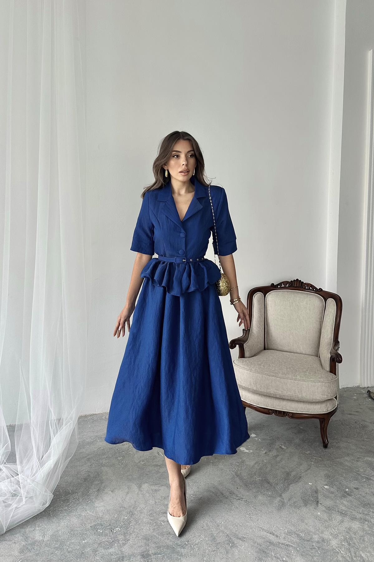 Toptan Lacivert İnce Kemerli Fırfırlı Ceket Ve Büzgülü Etek Takım