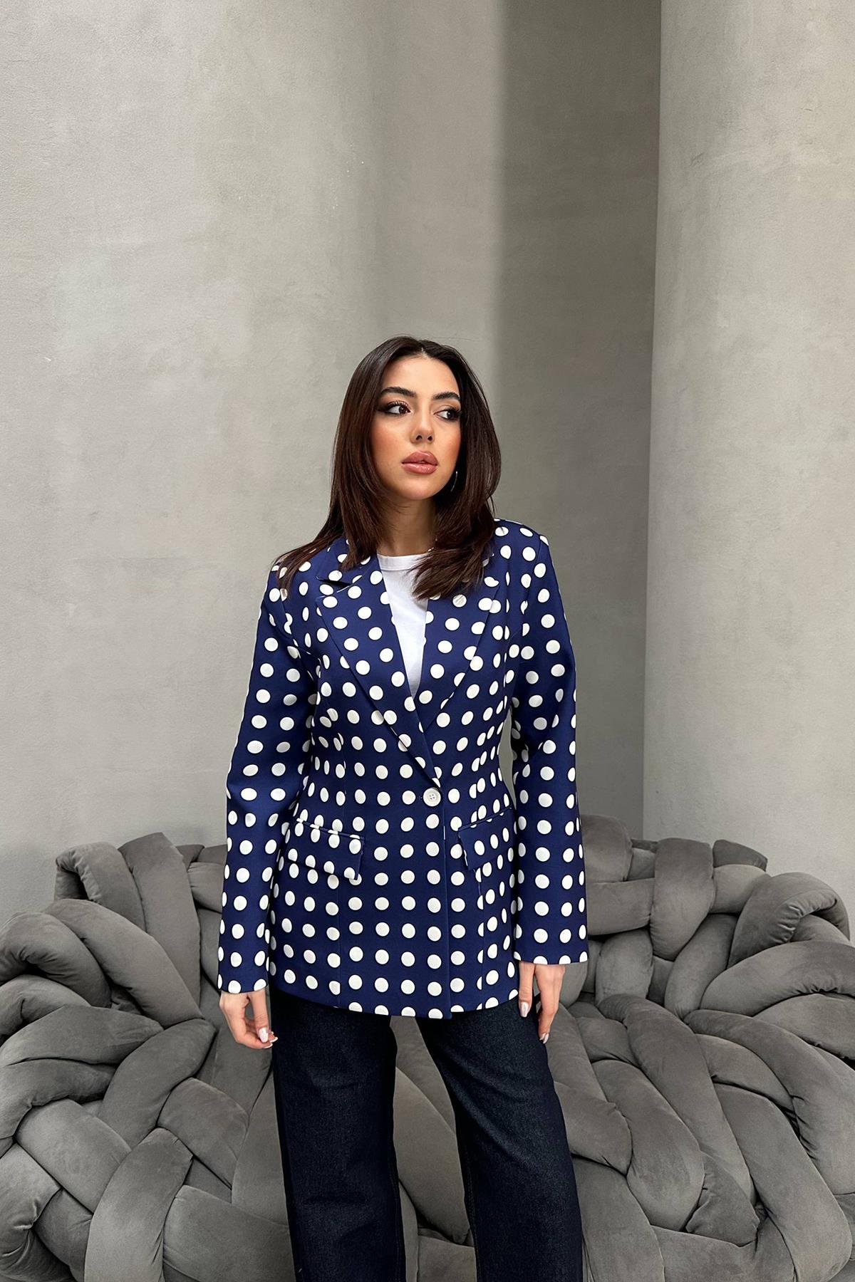 Toptan Lacivert Puantiyeli Blazer Ceket