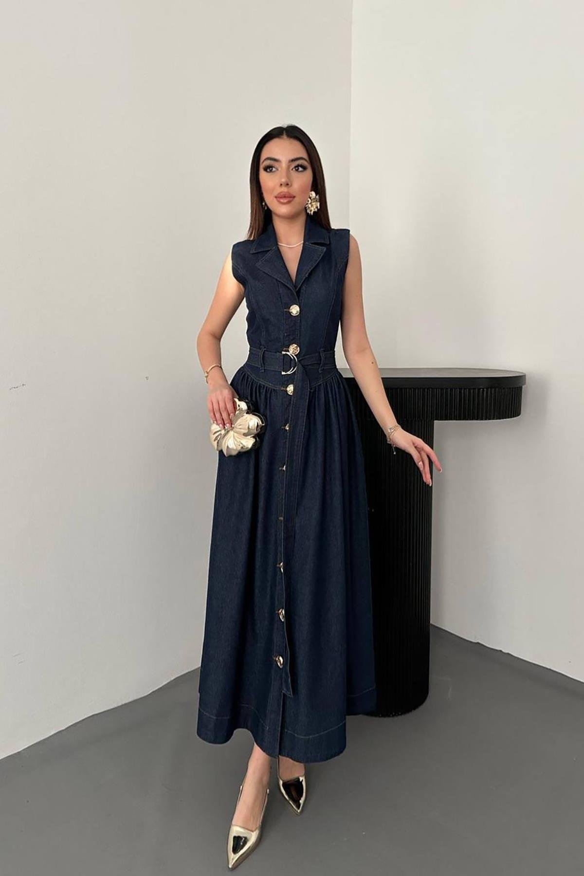 Toptan Lacivert Uzun Kot Elbise