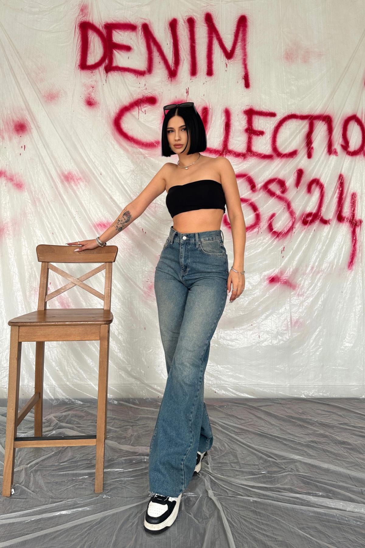 Toptan Lacivert Yüksek Bel ve Geniş Paça Jeans Pantolon