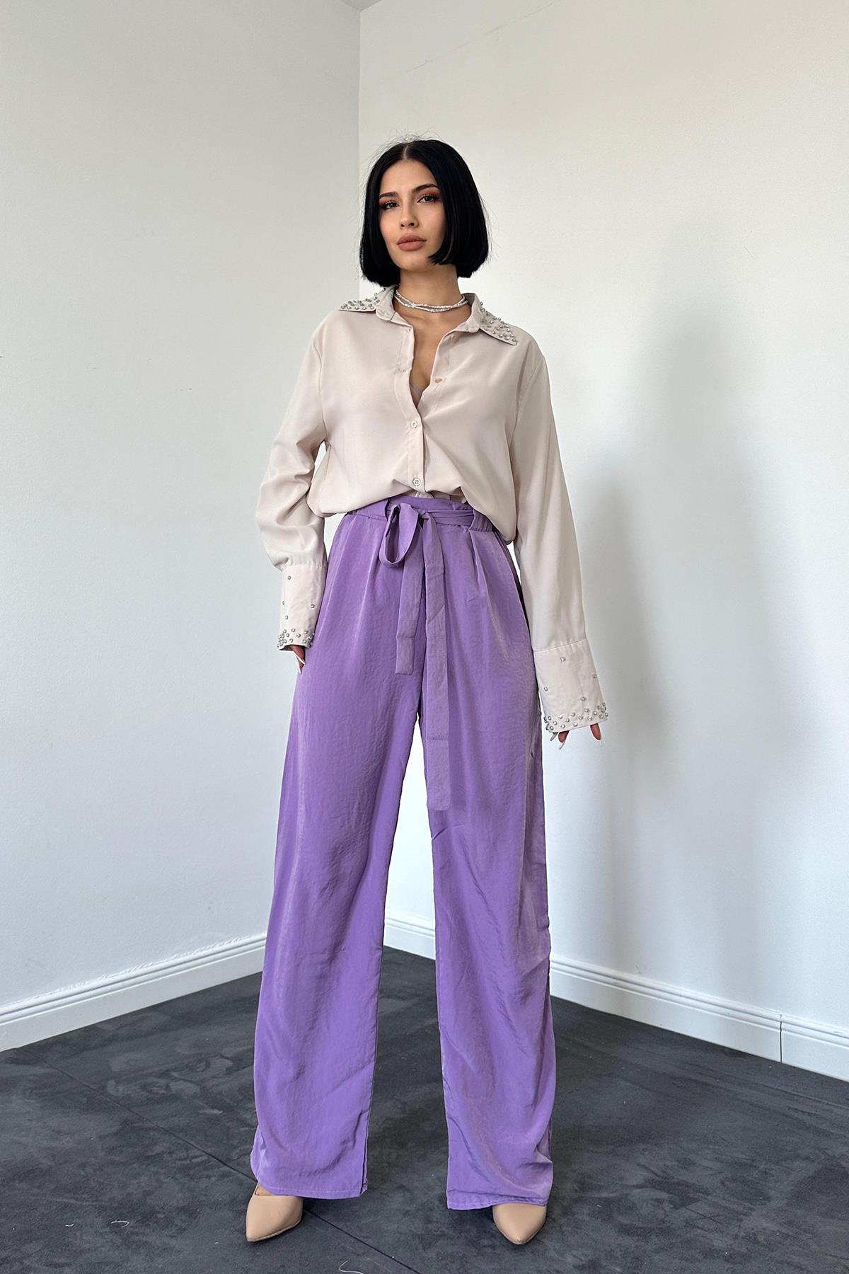 Toptan Lila Kuşaklı Pantolon