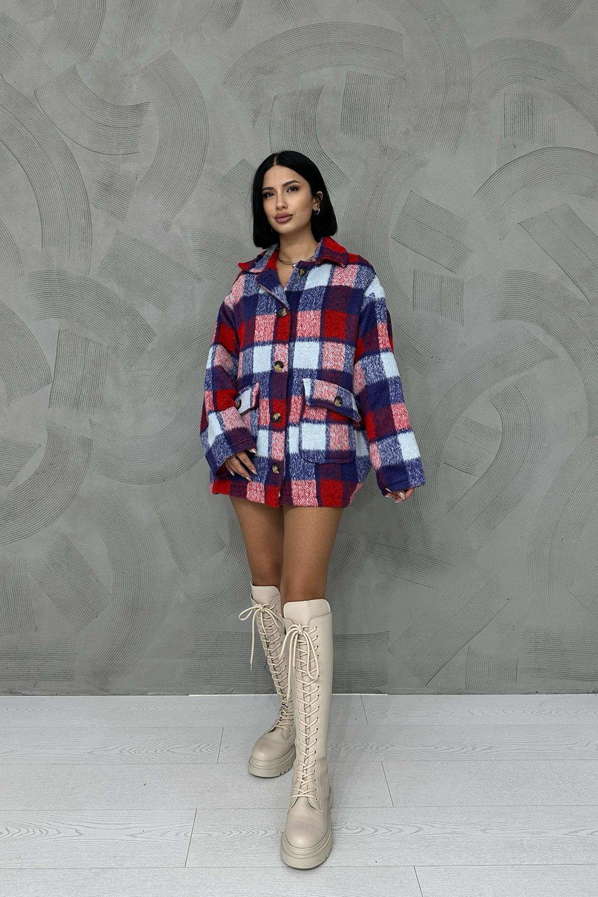 Blue Buttoned Plaid Women'S Coat