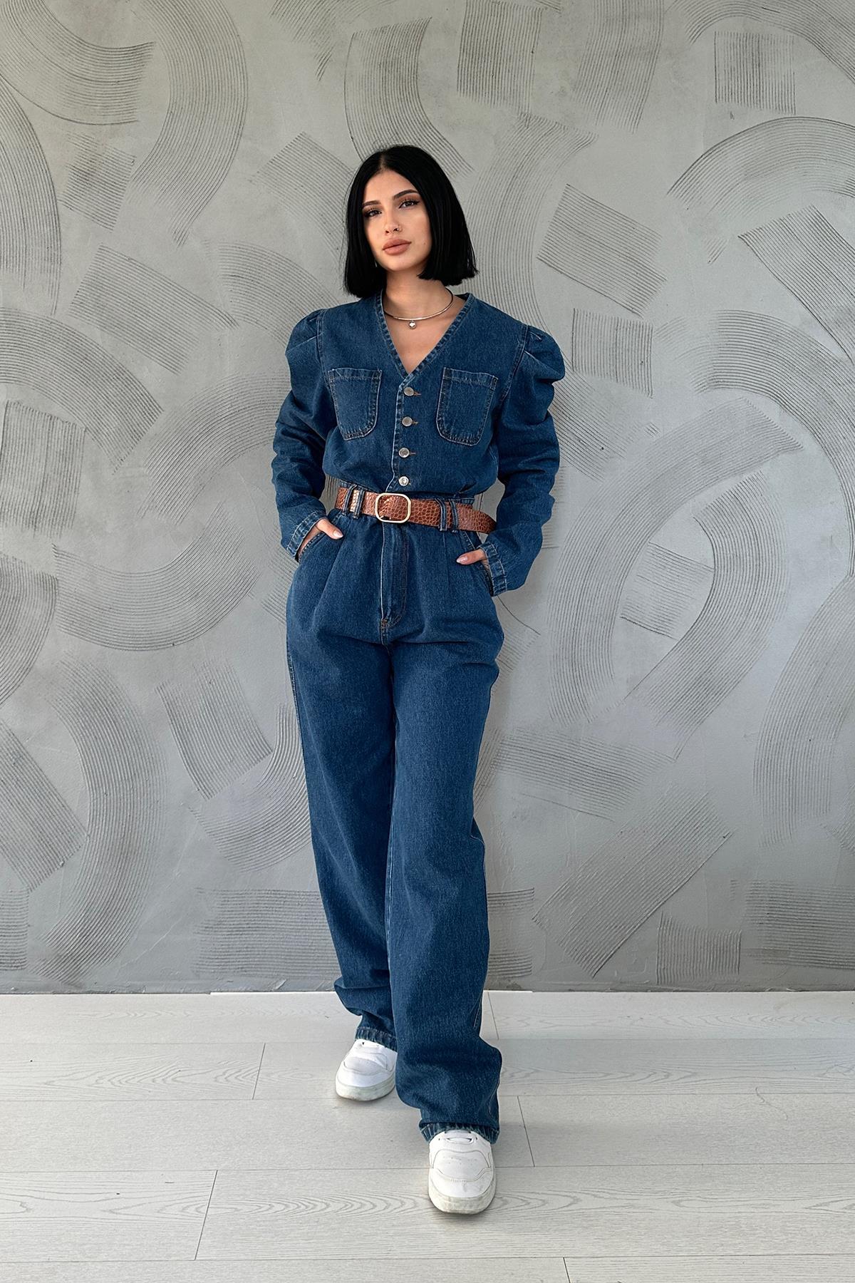 Toptan Mavi Kolları Pileli V Yaka Tulum