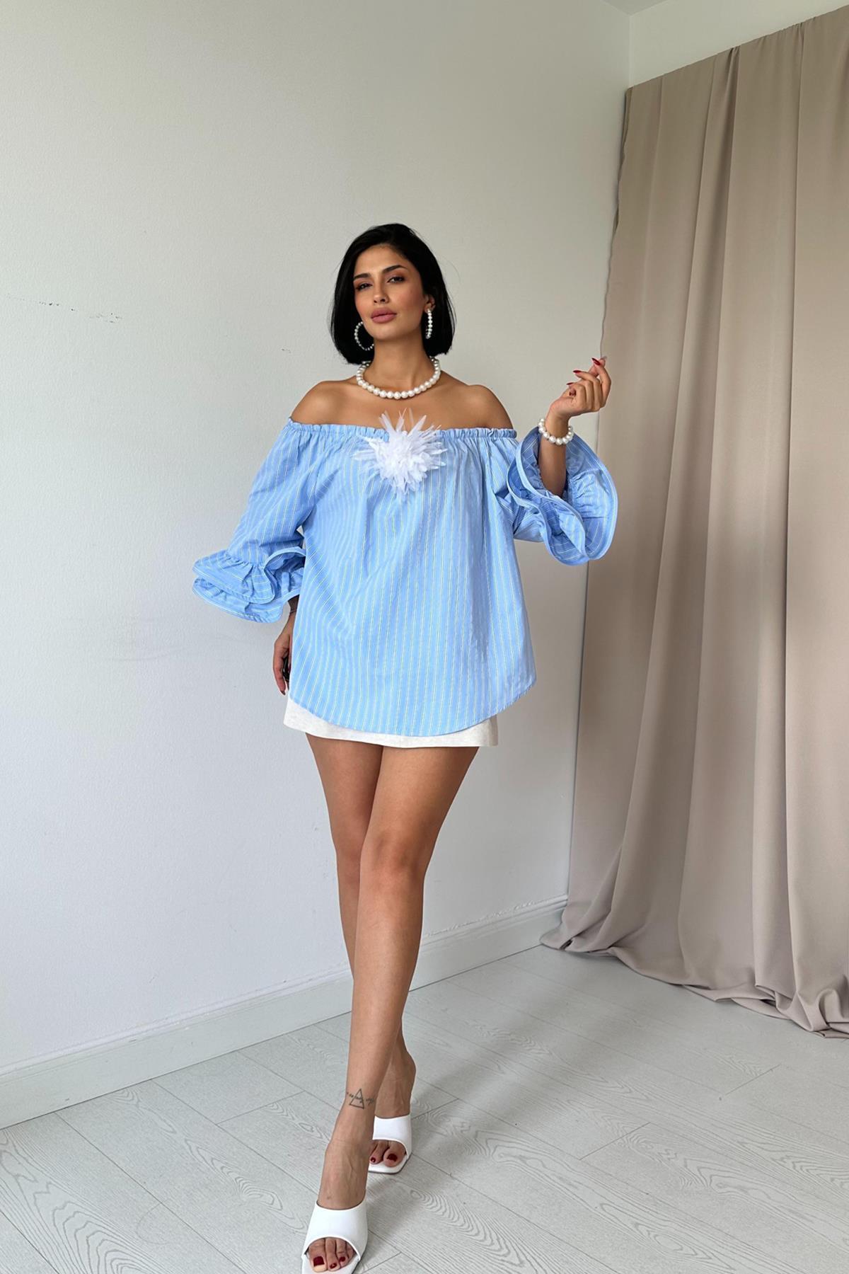 Toptan Mavi Omzu Lastikli Balenli Bluz