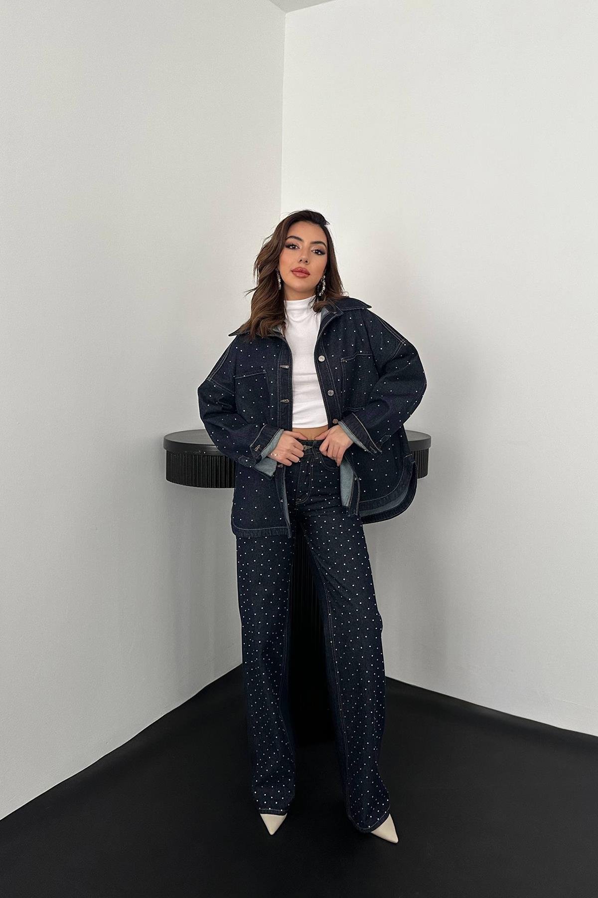 Toptan Mavi Taşlı Kot Gömlek Pantolon Takım