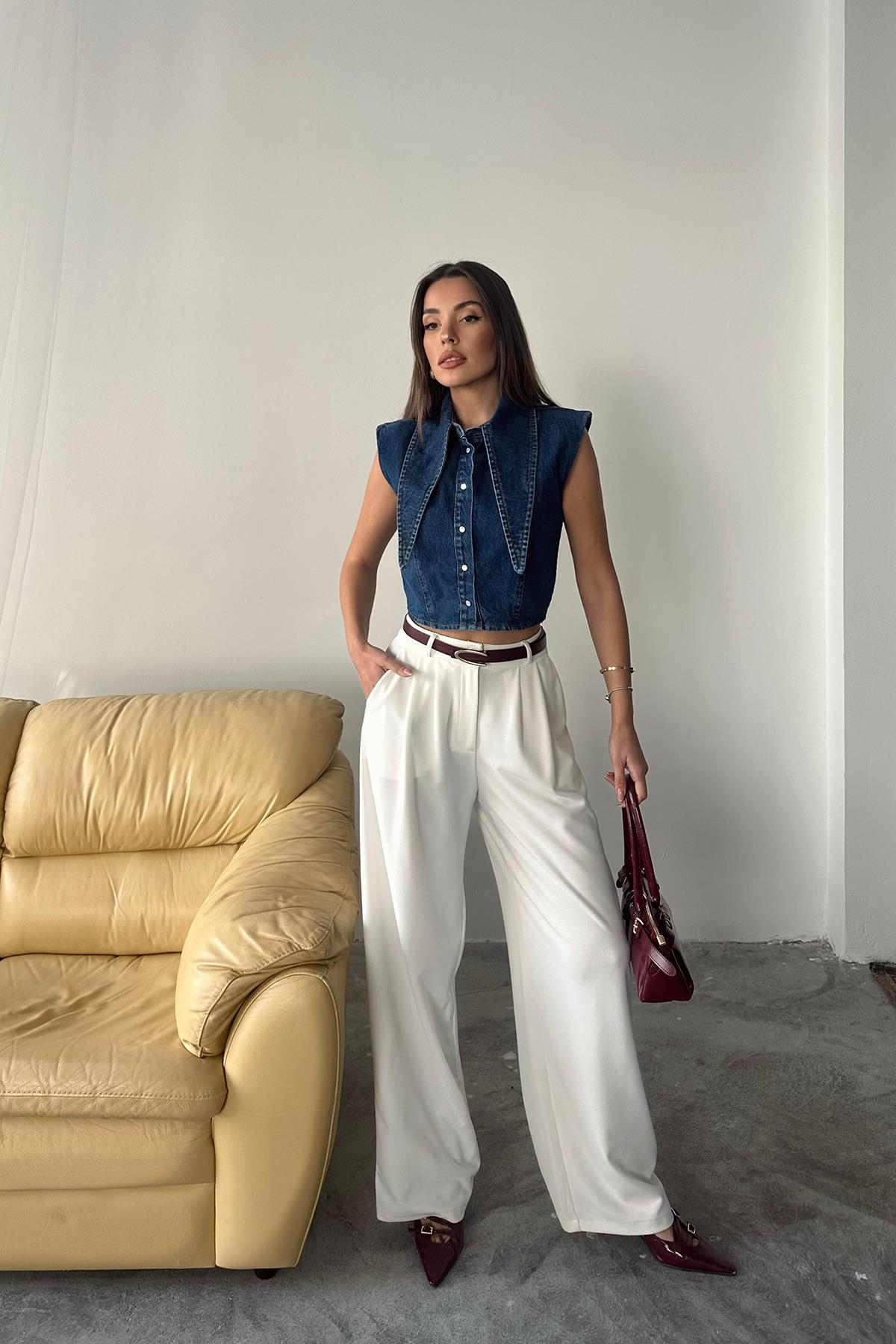 Toptan Mavi Yaka Detaylı Denim Crop