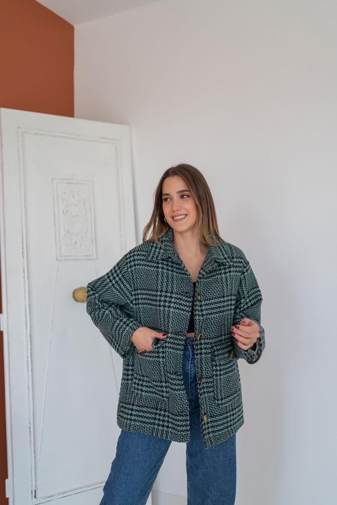 Toptan Mint Düğmeli Ekoseli Kaban