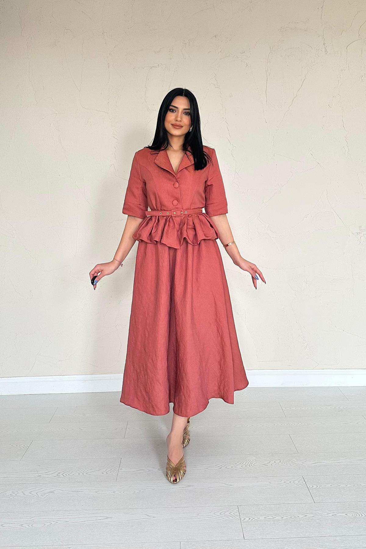 Wholesale Moccah Thin Belted Ruffle Jacket and Gathered Skirt Set