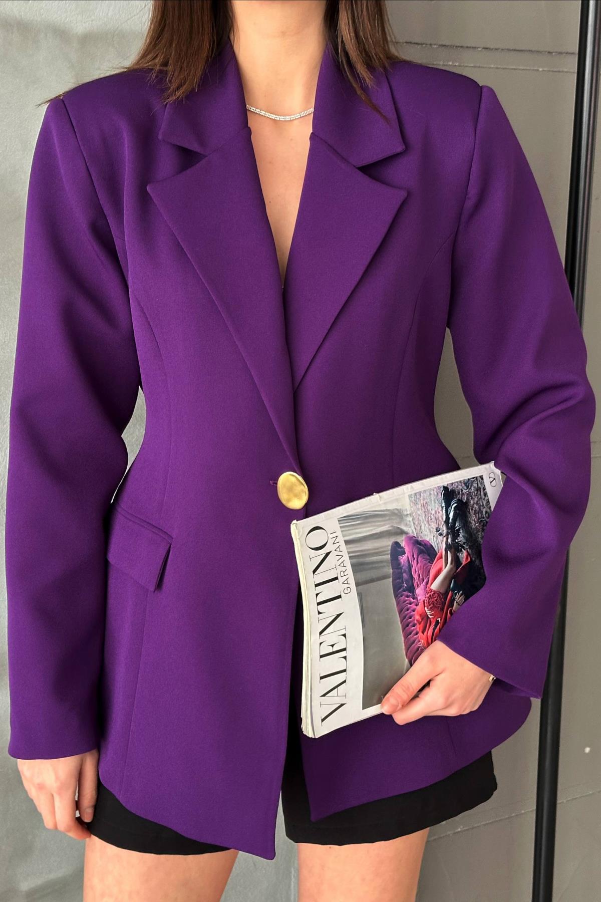 Mor Belden Oturtmalı Blazer Ceket - Elisa Fashion Woman