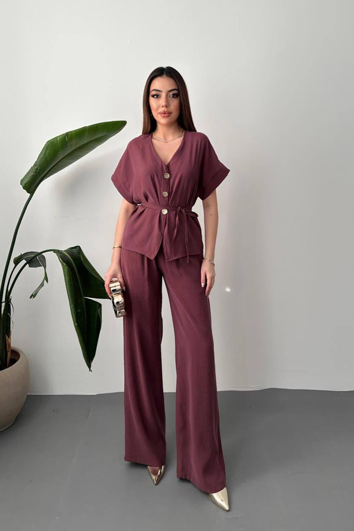 Toptan Mürdüm Düğme Detaylı İkili Modal Takım