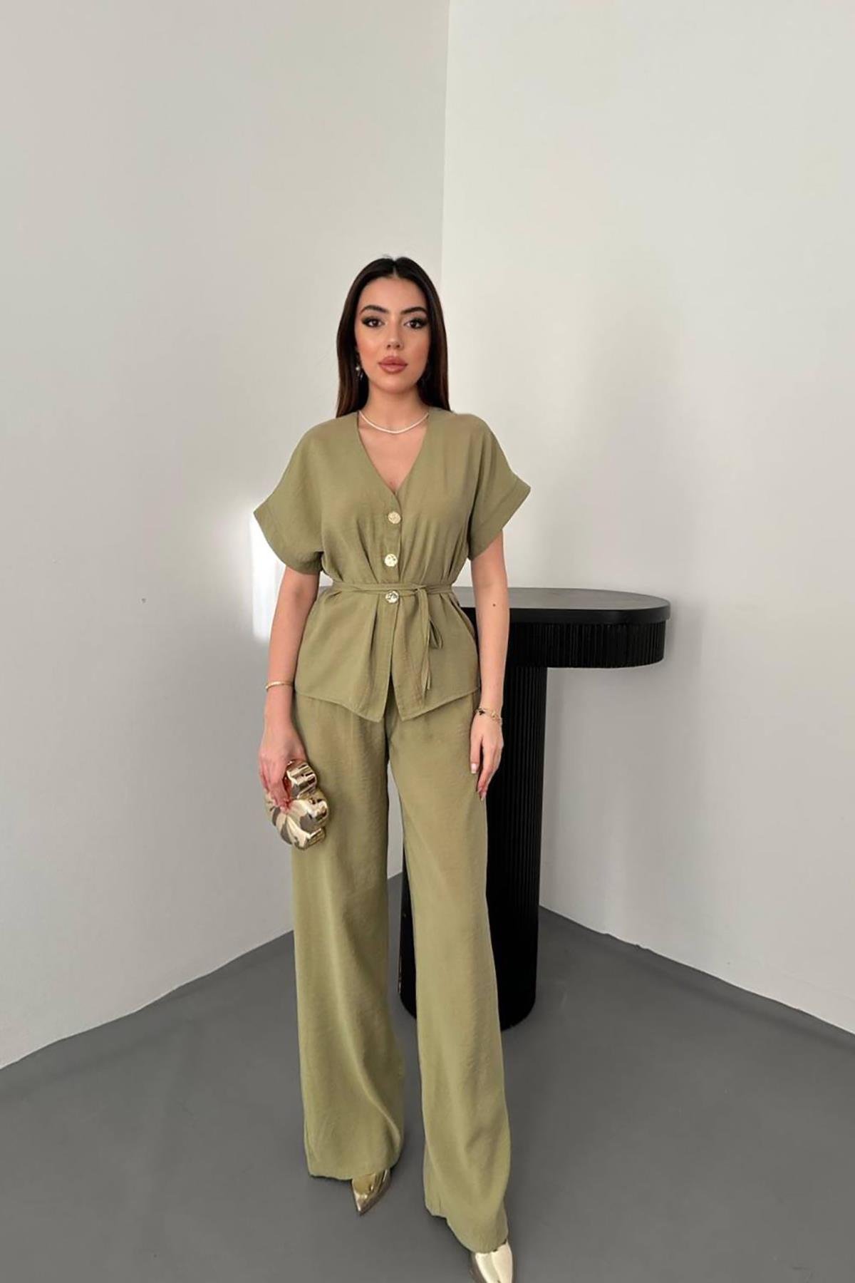 Toptan Olive Düğme Detaylı İkili Modal Takım