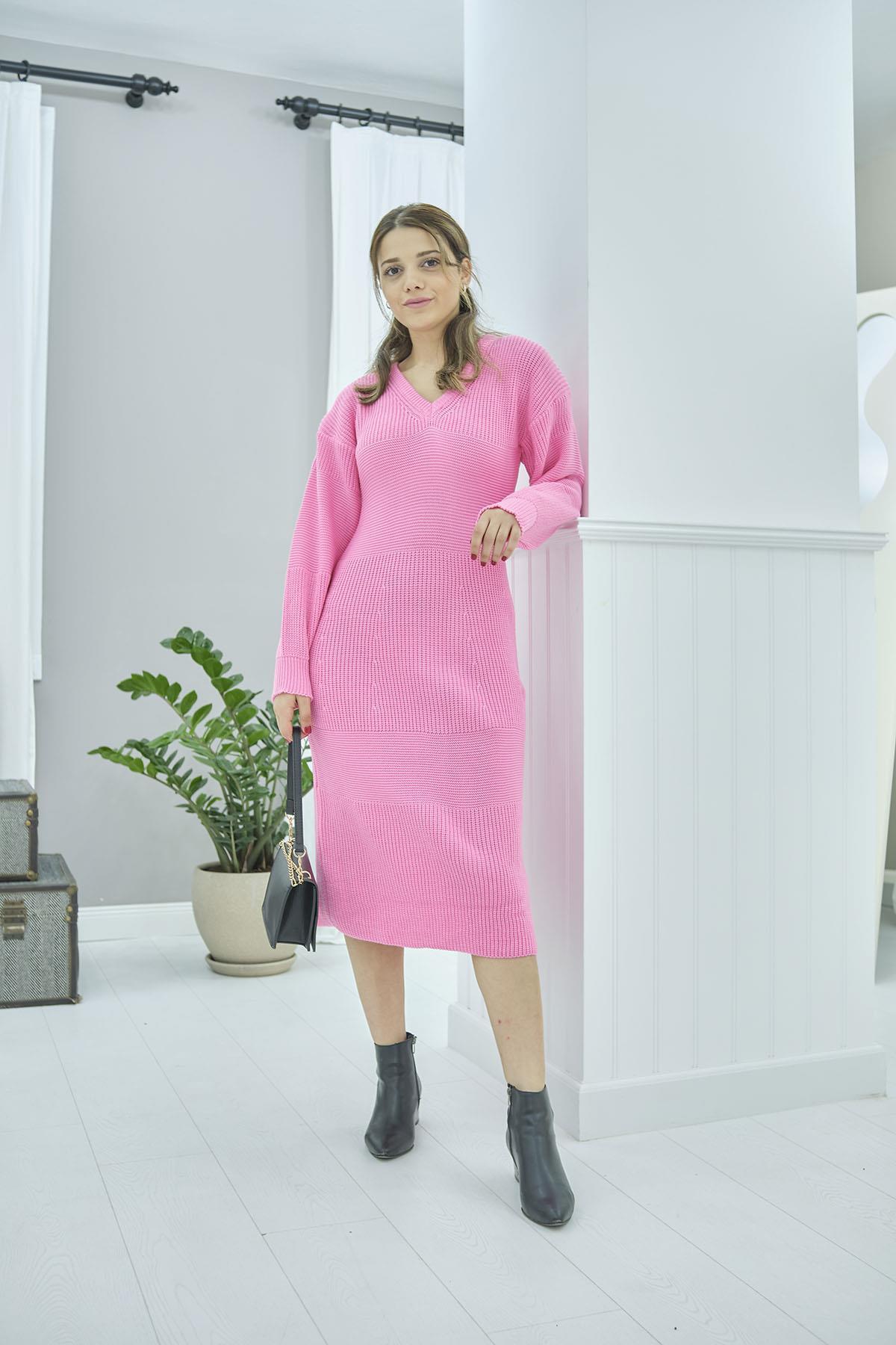 Toptan Pembe V Yaka Elbise