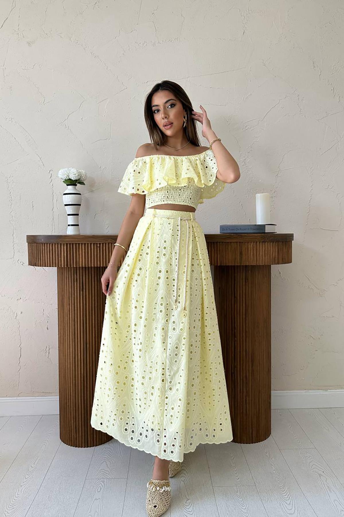 Toptan Sarı Gipeli Bluz Etek Takım